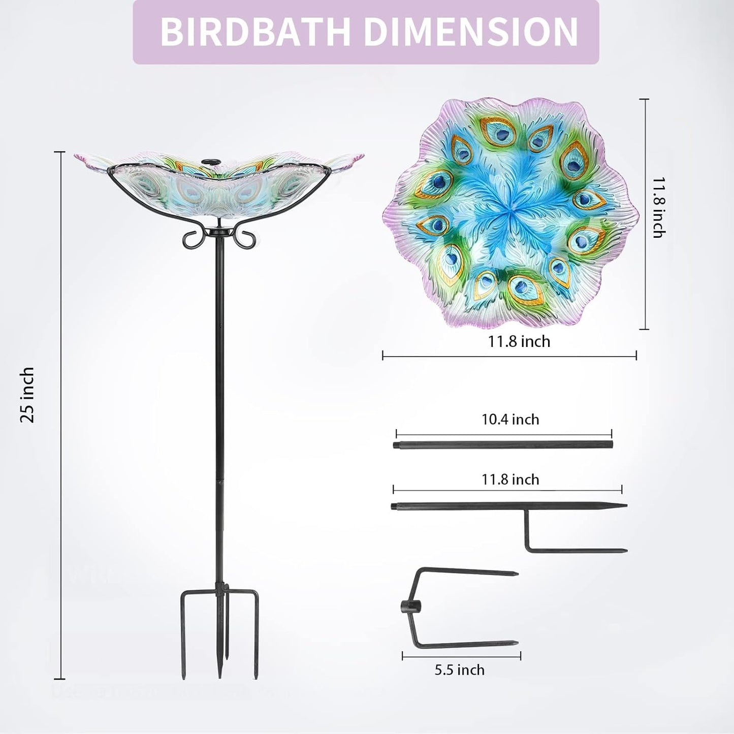 MUMTOP Glass Bird Bath, Garden Outdoor Birdbaths Birdfeeder with Metal Stake Peacock Bird Baths for Outside Yard