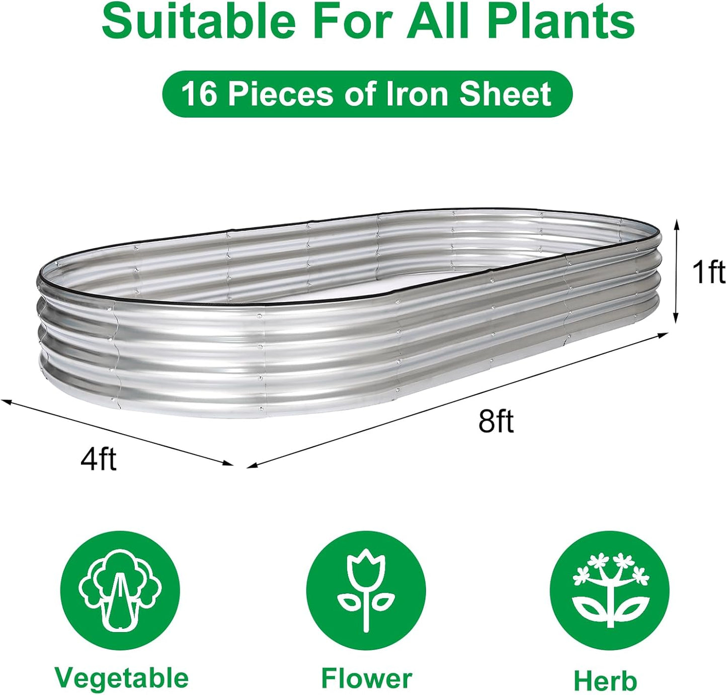 JERIA 8×4×1ft Oval Raised Garden Bed,Galvanized Raised Garden Bed Kit Outdoor Metal Gardening Planter Box for Vegetable, Fruits, Flower，Herbs