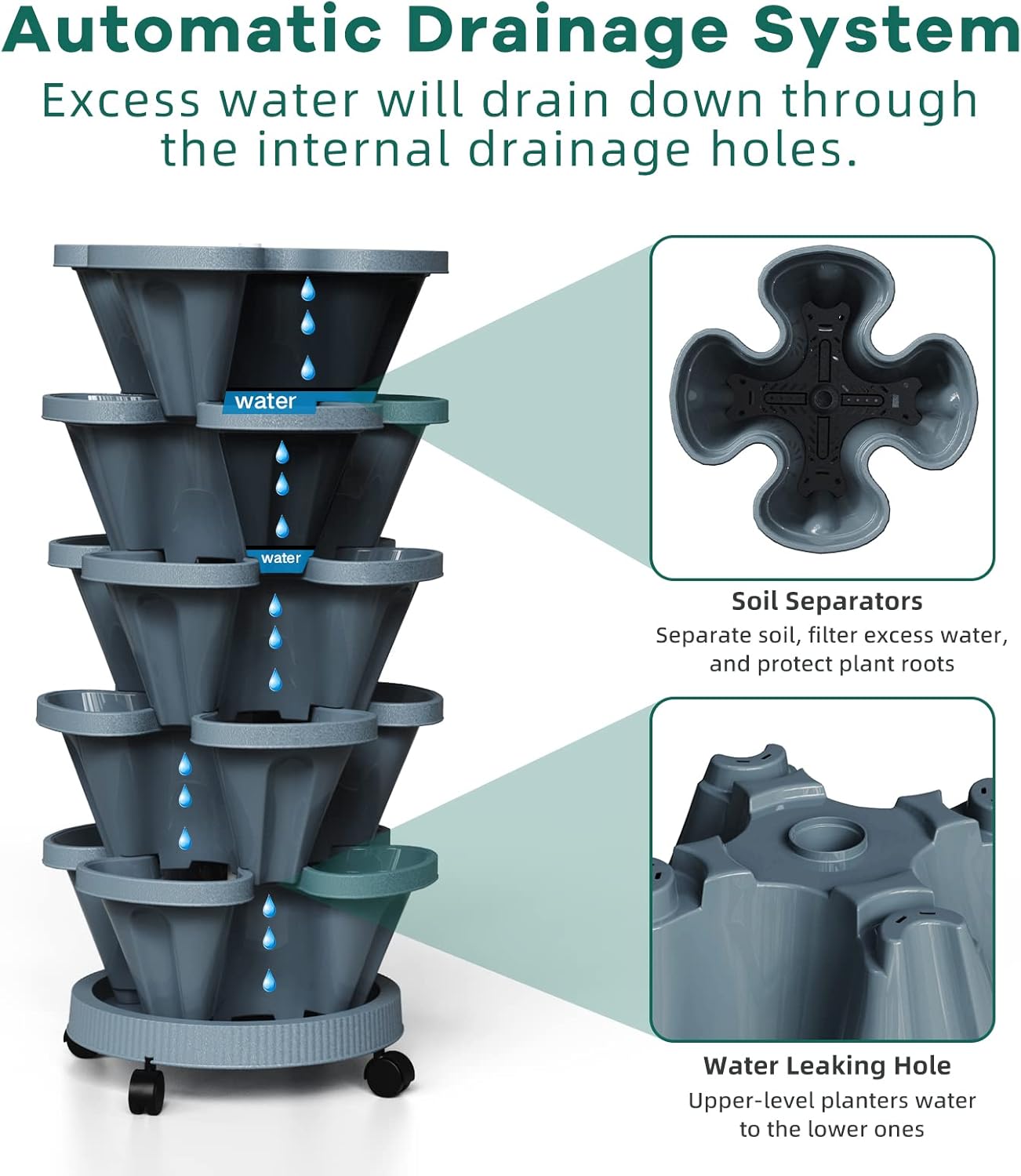 Strawberry Vertical Planters Tower Garden 2 Pack, 5 Tier Stacking Planter with Support Pole, Stackable Herb Planters Indoor Outdoor Dark Grey