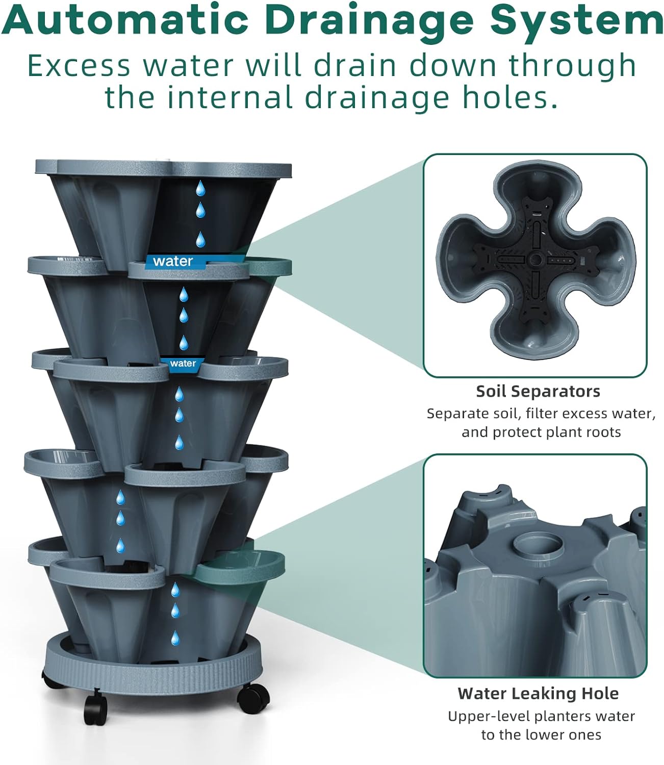 Strawberry Vertical Planter Tower Garden 2 Pack, 6 Tiered Stacking Planter with Support Pole, Stackable Herb Planter Indoor Outdoor Dark Grey