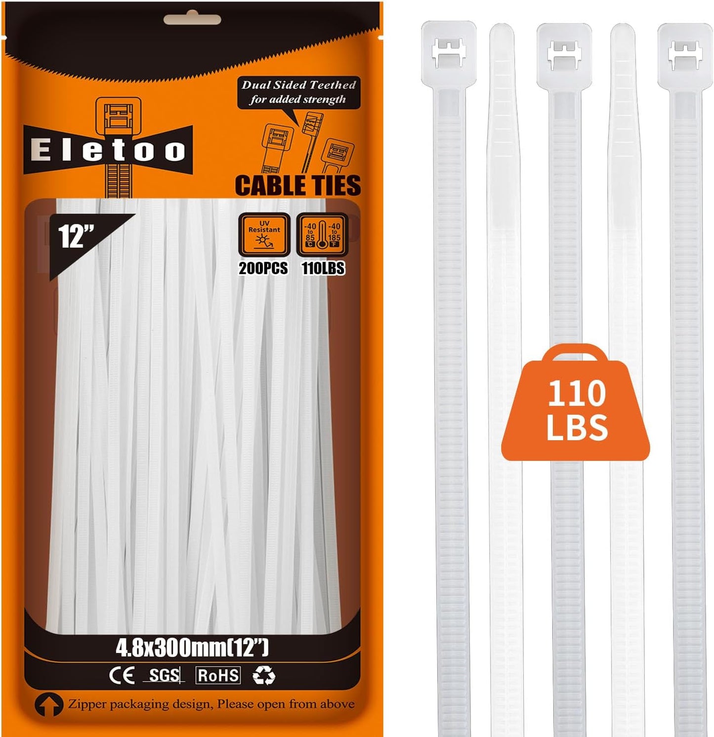 12 Inch White Zip Ties (200 Pack), 2025 New Patented Design,110 LBS Tensile Strength, Self-Locking Nylon PA66 UV Resistant Cable Ties for Indoor and Outdoor Use