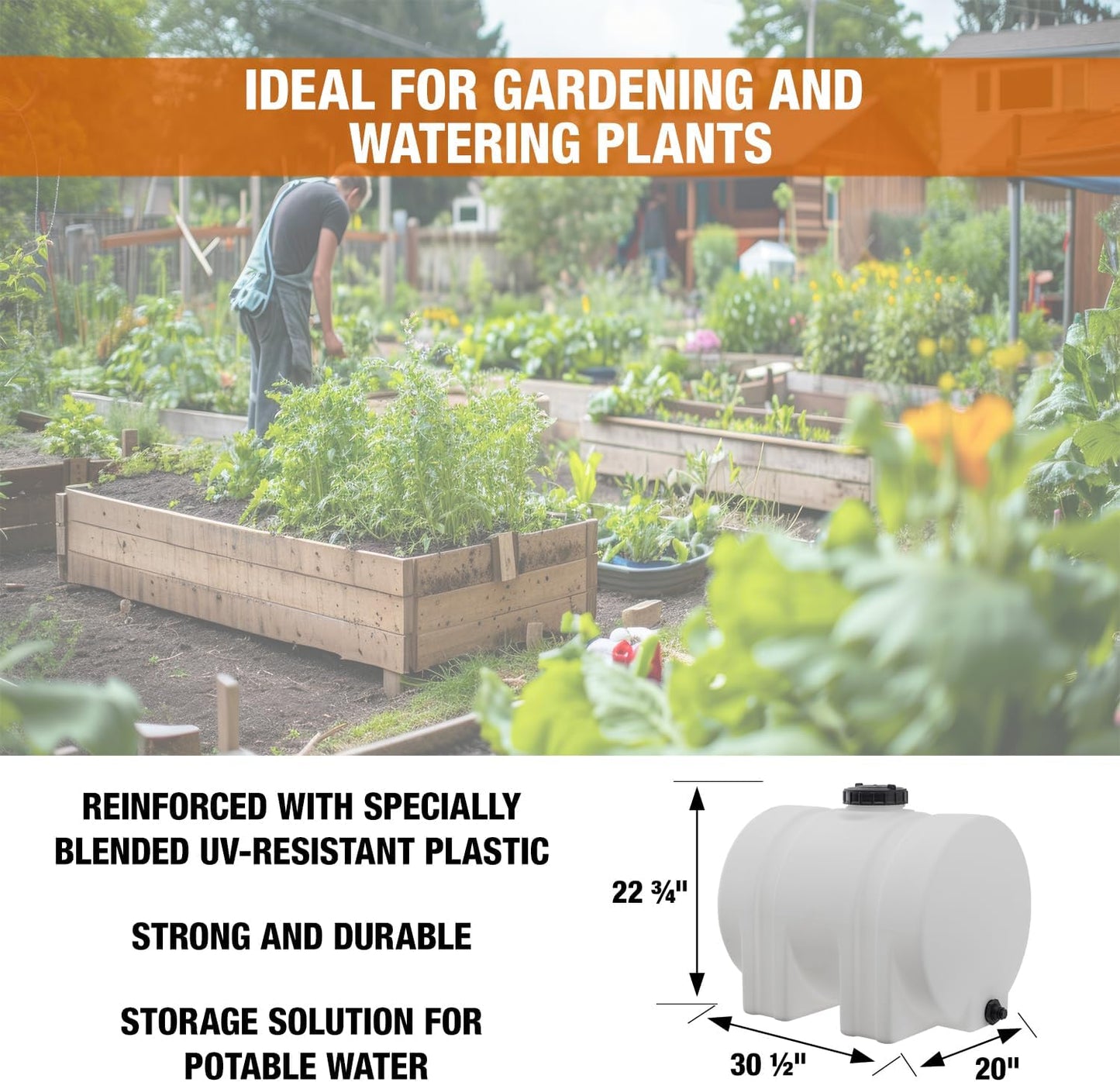 Romotech 82126189 Horizontal Polyethylene Reservoir Water Tank w/Legs, 35 gal, Made In USA, Natural Poly Tank For Non-Flammable Liquids, UV-Resistant, Ideal for Agricultural Use, RV Water Storage