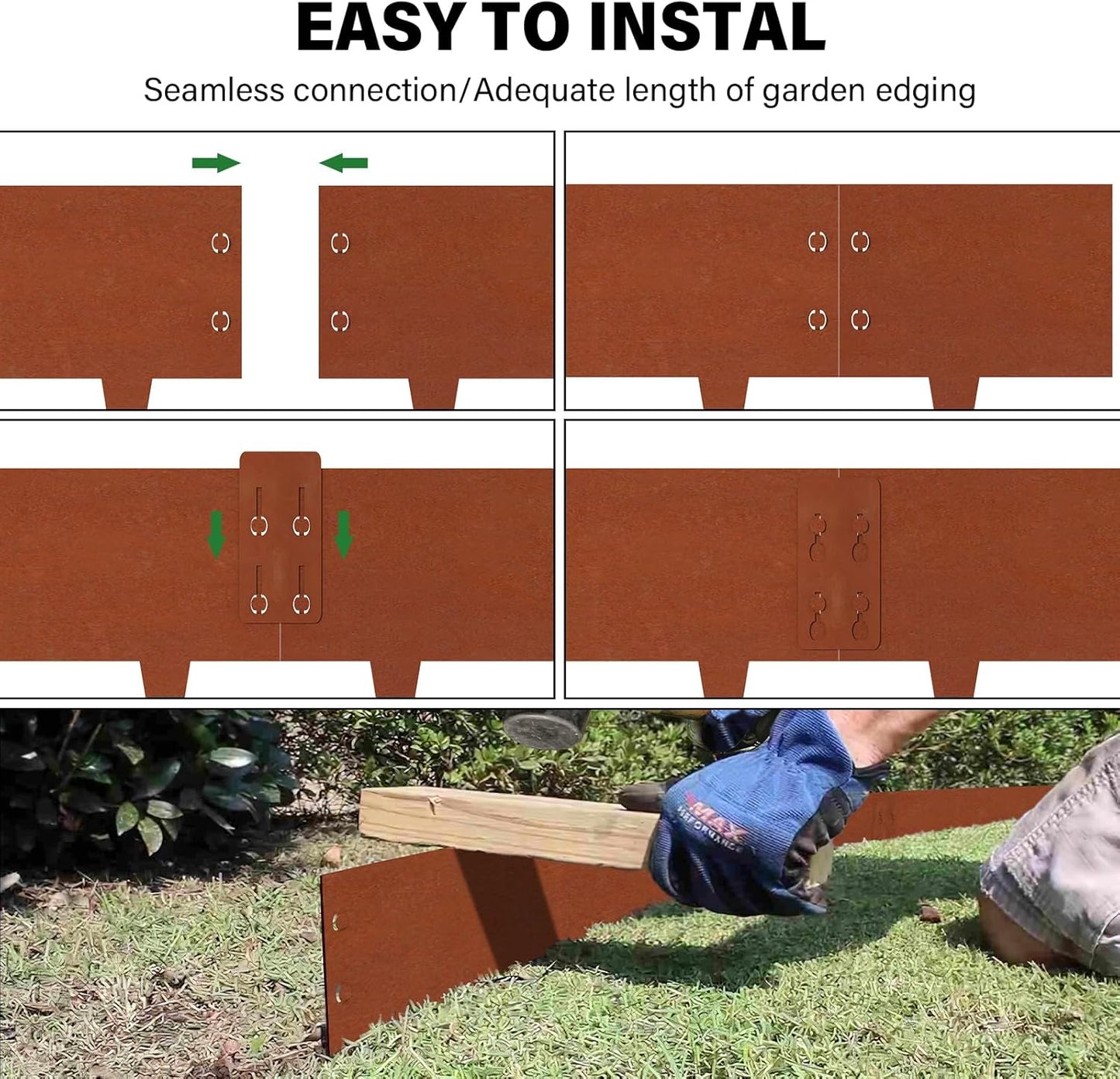 Heavy-Duty Cor-Ten Steel Landscape Edging (8" H x 40" L) - 6-Pack (20 Ft Total) | Pre-Rusted, Weatherproof Garden Border | Hammer-in, No Dig, Bendable Design for Lawns, Flower Beds & Trees