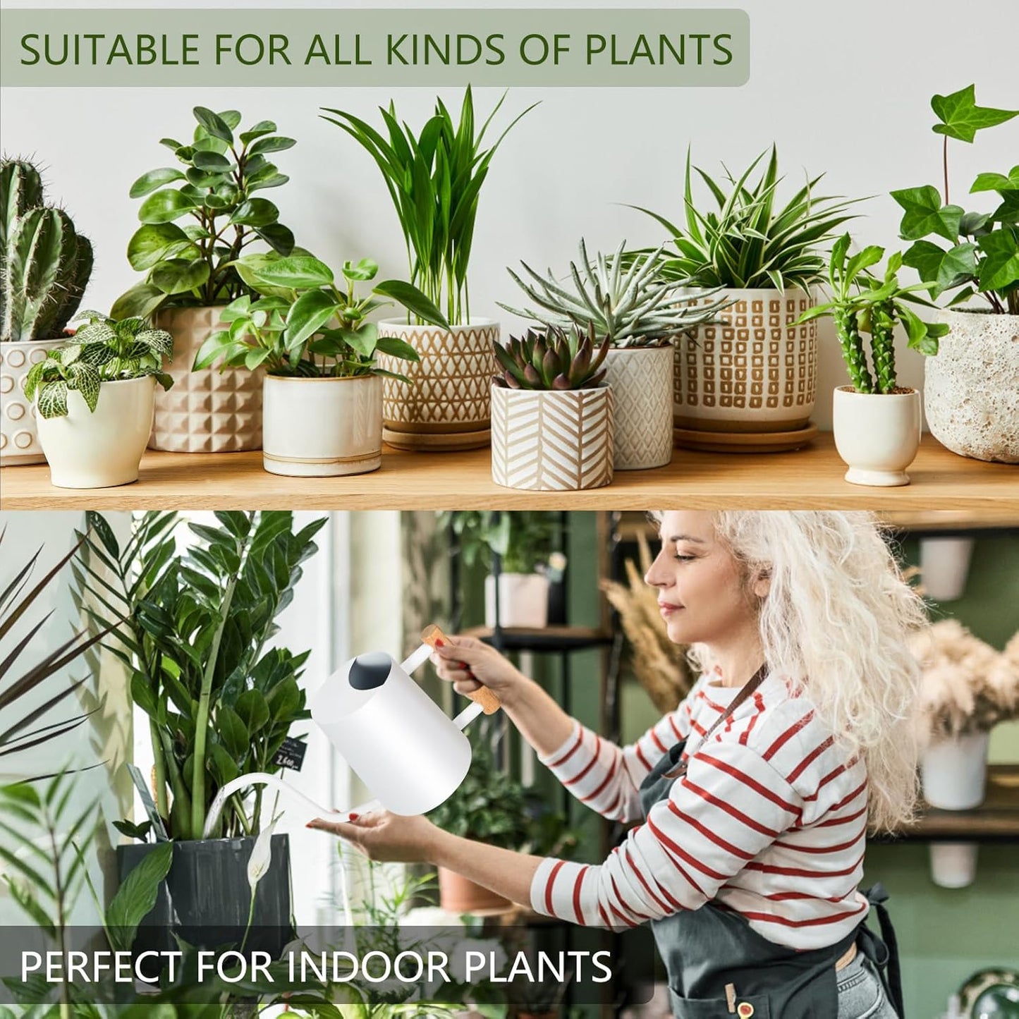 Watering Can Indoor Plants, 35oz Small Stainless Steel Metal Watering Can Modern Decorative Watering Pot with Long Spout for Indoor House Plant Bonsai Outdoor Garden Flowers -White