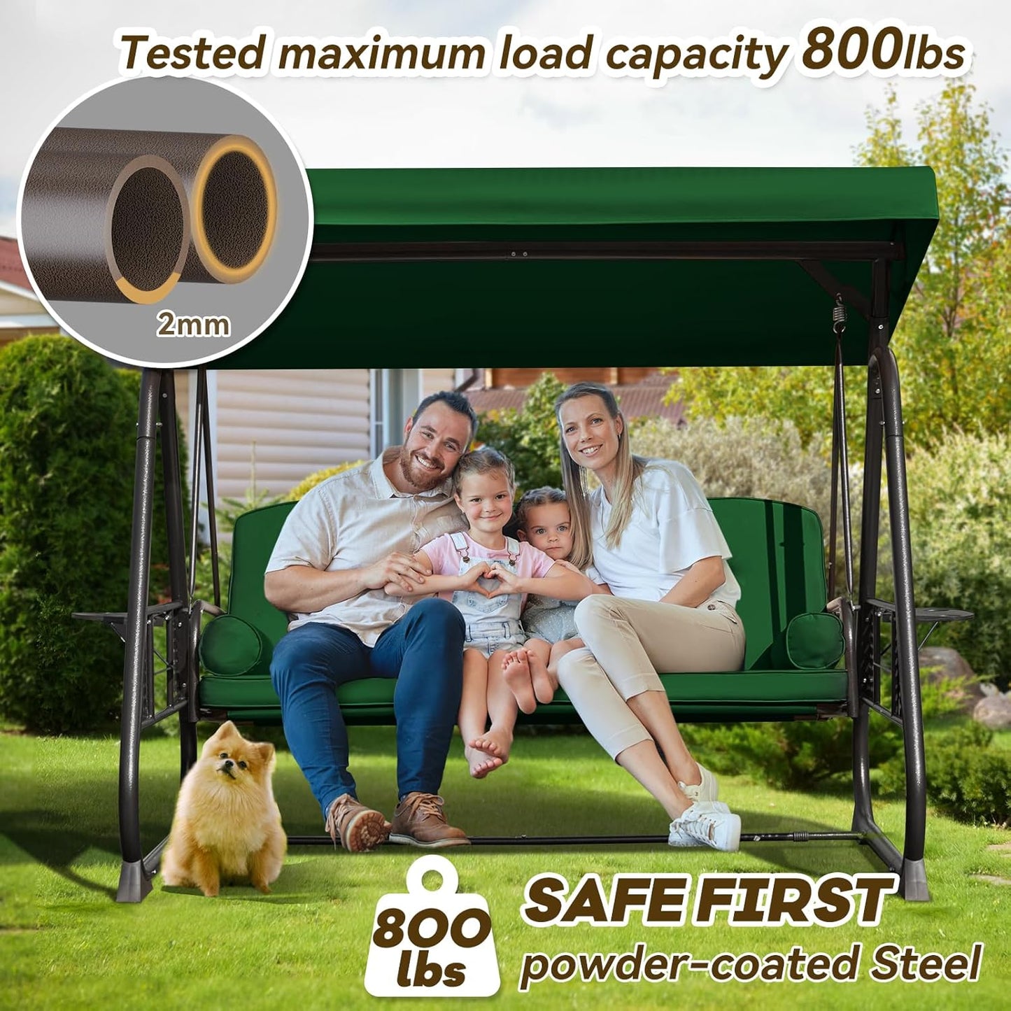 3 in 1 Outdoor Porch Swing with Adjustable Canopy, 3 Seat Outdoor Swing for Adults, Patio Swing Chair with Thickened Cushions,Pillows & Cup Holders for Backyard, Porch, Garden (Green)