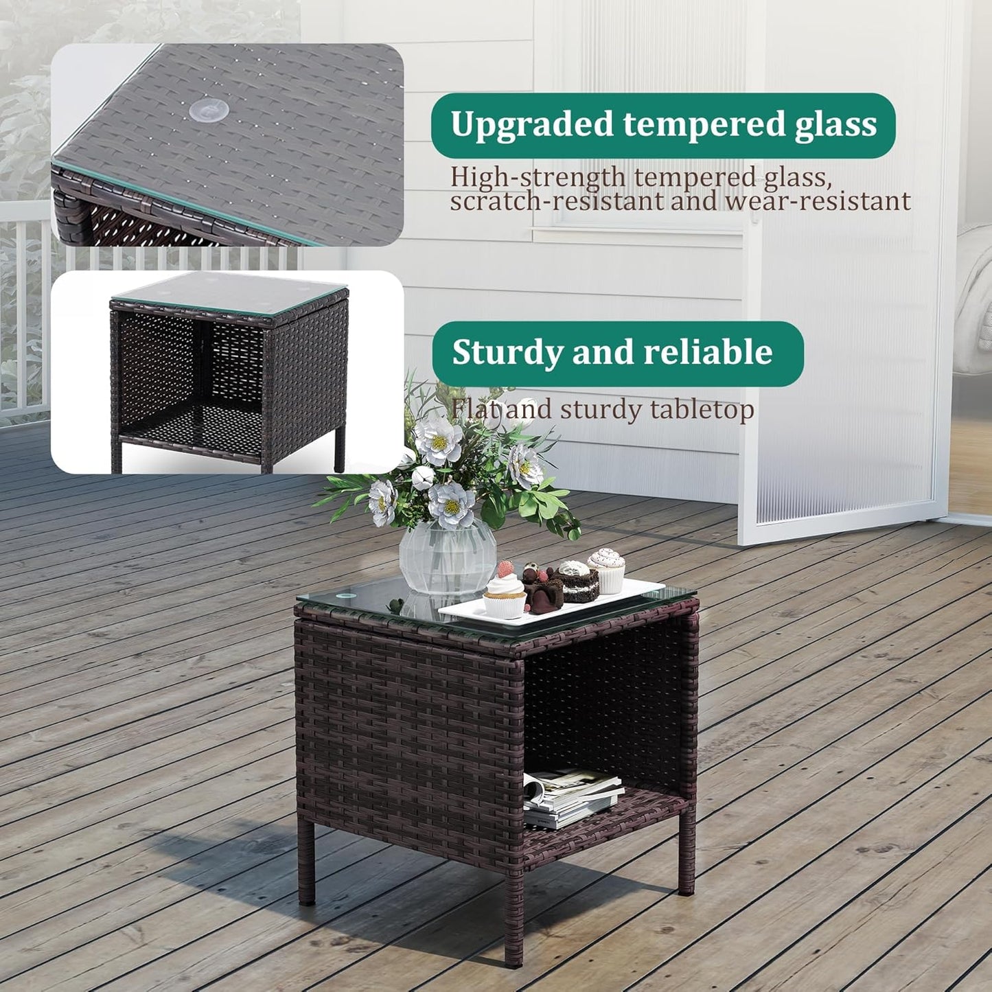 3 Piece Patio Furniture Set - Outdoor Conversation Sets with Coffee Table, Rattan Chair Set for Garden/Poolside, Brown/Navy Blue