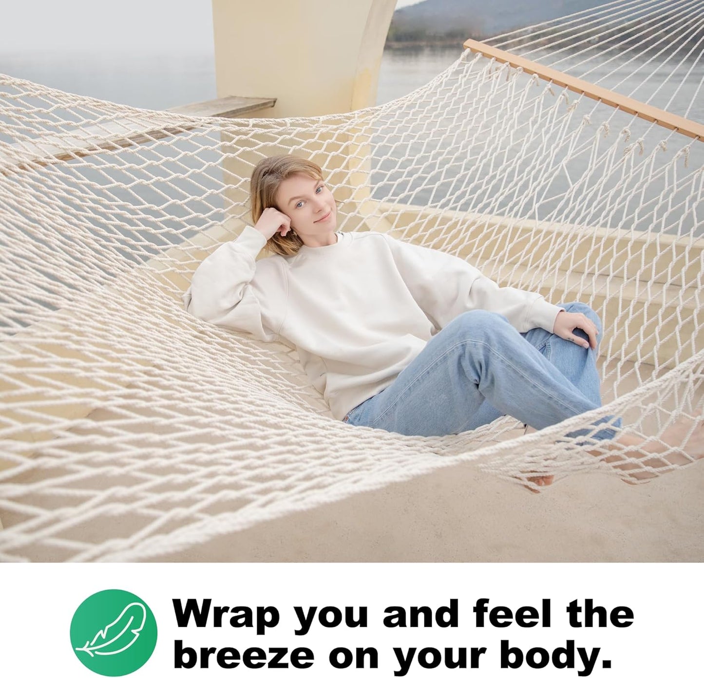 12ft Double Hammocks, Handwoven Traditional Cotton Rope Hammock with Hardwood Spreader Bar, Chains and Hooks for Indoor Outdoor, Max 450 lbs Capacity (Beige, Full)