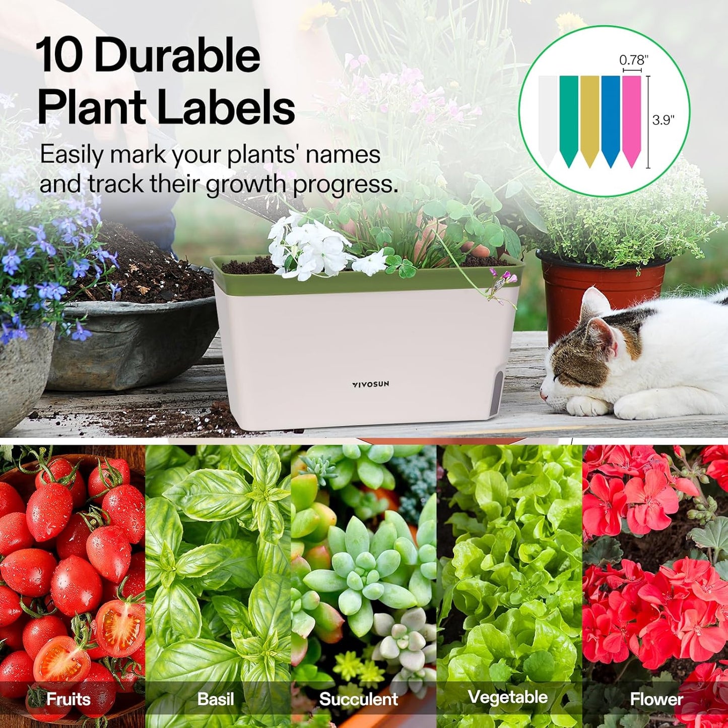 VIVOSUN Self-Watering Planters, 4-Pack 10.5 Inch Compact Rectangular Window Herb Planter Box with 10 PCS Plant Labels, Plant Container for Basil, Flowers, Succulents, Indoor & Outdoor