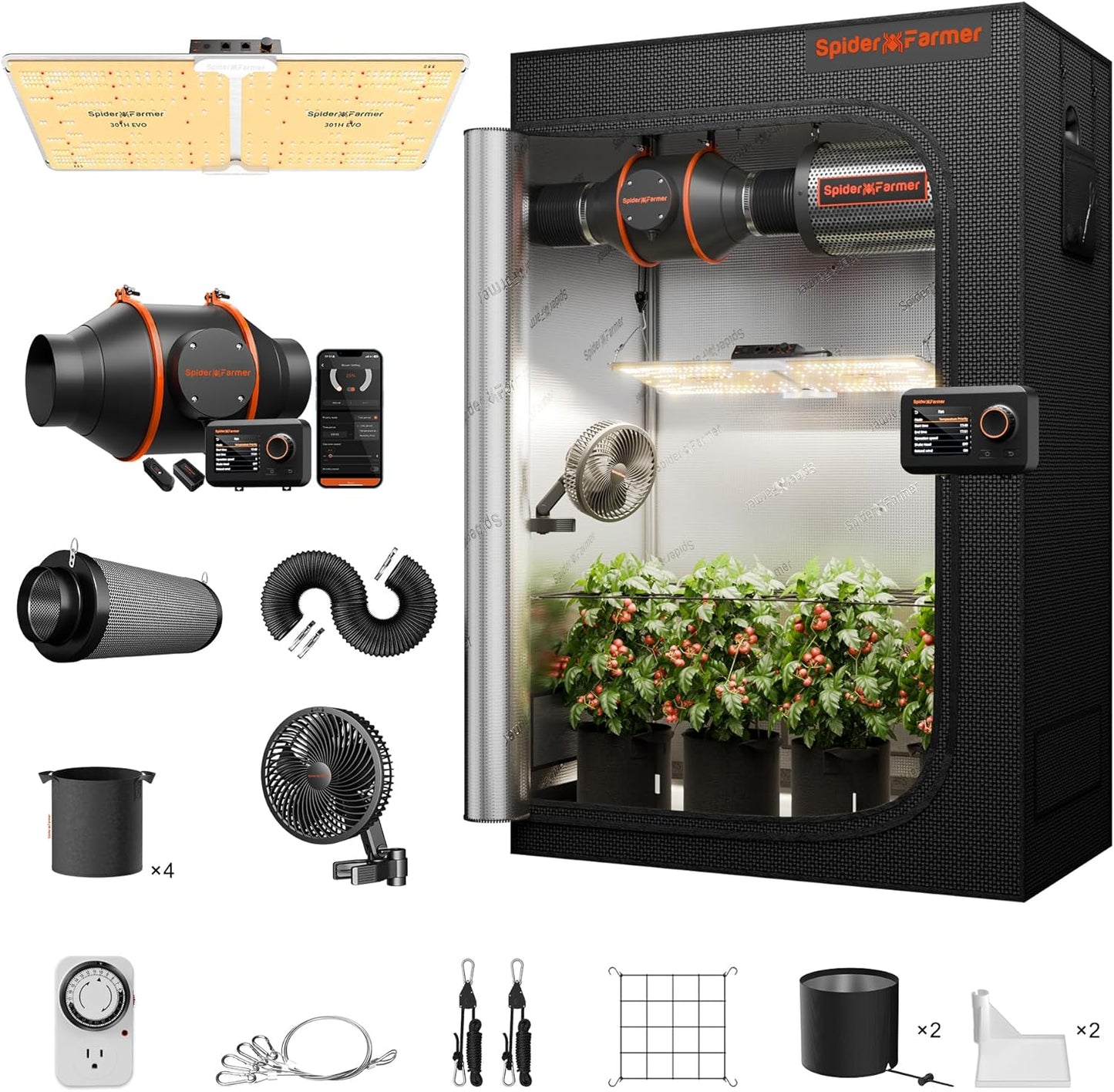 Spider Farmer Grow Tent Complete System 4x2 SF-2000 LED Grow Light with Samsung LM301H EVO Diodes & Dimmable Lights 47" x 24" x 71" Grow Tent 4 Inch Inline Fan Filter with GGS Smart Controller