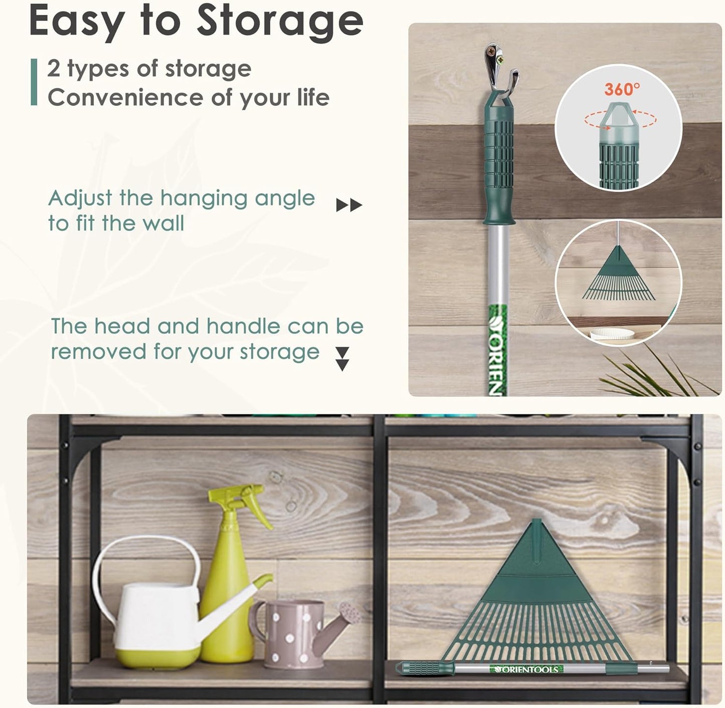 ORIENTOOLS Rake for Leaves,Adjustable Garden Leaf Rake ,Lightweight Steel Poly Yard Rake，22 Tines, 42 to 60 Inches (Silver Handle)