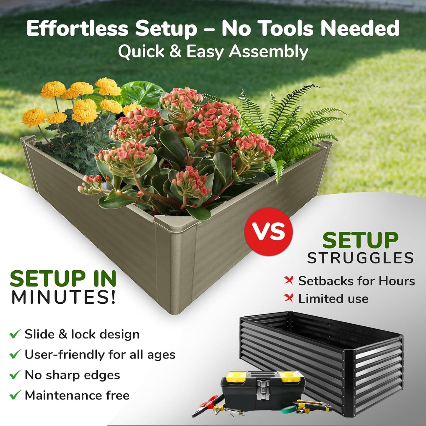 Raised Garden Bed - 4x4 ft Planter Box - Weathered Wood HDPE - No Tools Needed - DIY Kit for Urban Gardening, Flowers, Herbs & Vegetables - Made in The USA