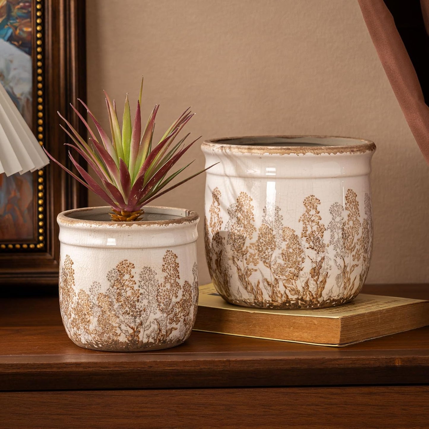 Set of 2 Ceramic Planters for Indoor Plants, 4.7+5.7 Inch Vintage Flower Pots without Drainage Hole, Rustic Brown Planter Set, Decorative Plant Pots for Indoor Plants, Home Decor, Living Room, Office