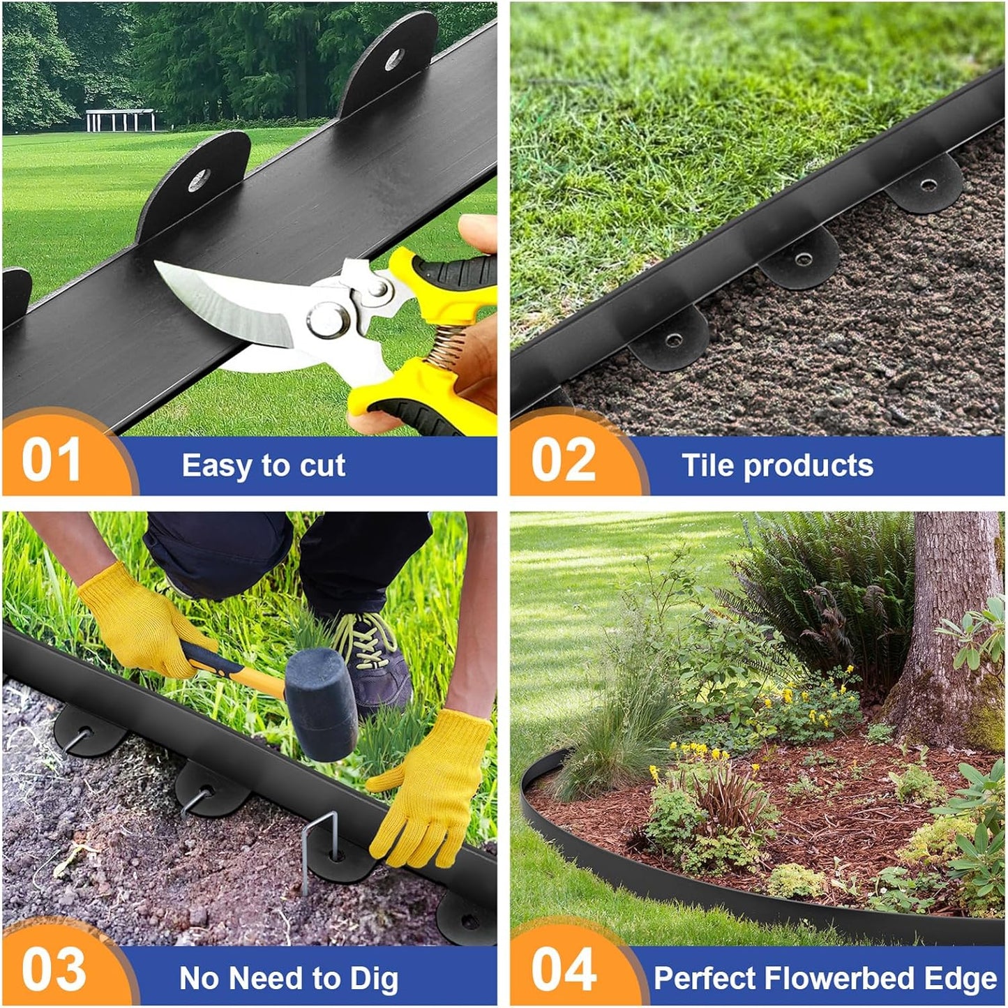 Landscape Edging, 1.5" x 80' Plastic Garden Edging with 100 Pcs Metal Spikes, Flexible Garden Border for Lawn, Landscaping, Flower Beds