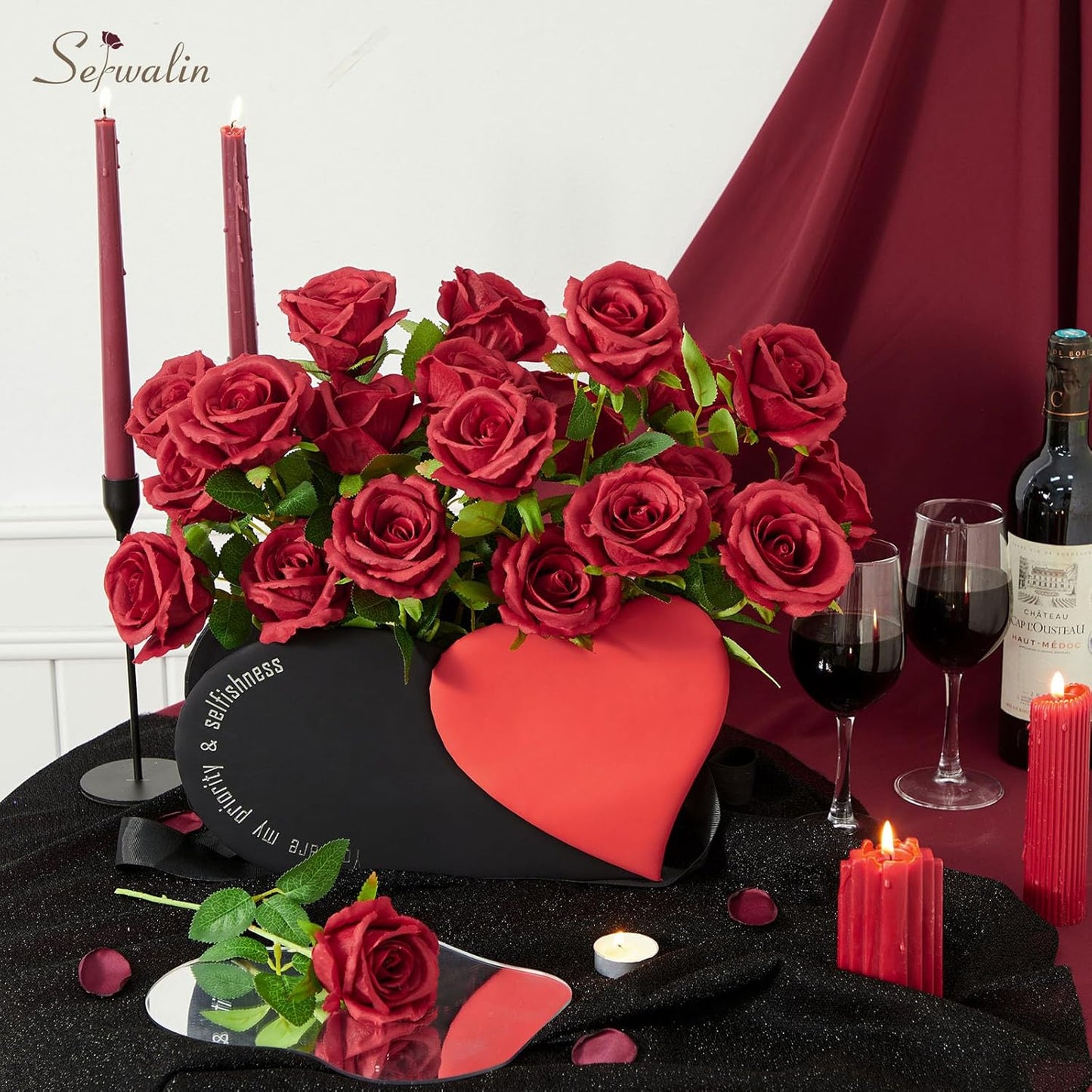 Serwalin 30PCS Red Roses Artificial Flowers, Realistic Red Roses Bouquet with Long Stems Fake Silk Roses Flowers for Wedding Centerpieces Bridal Bouquet Party Home Decor