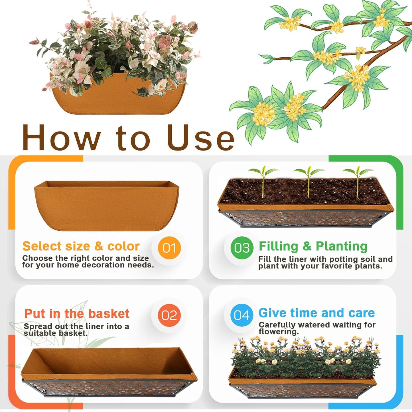 1-Pack 24in Planter Liners - Breathable Felt Hanging Basket and Window Box Liners - Prevent Root Suffocation and Bird Damage - Black