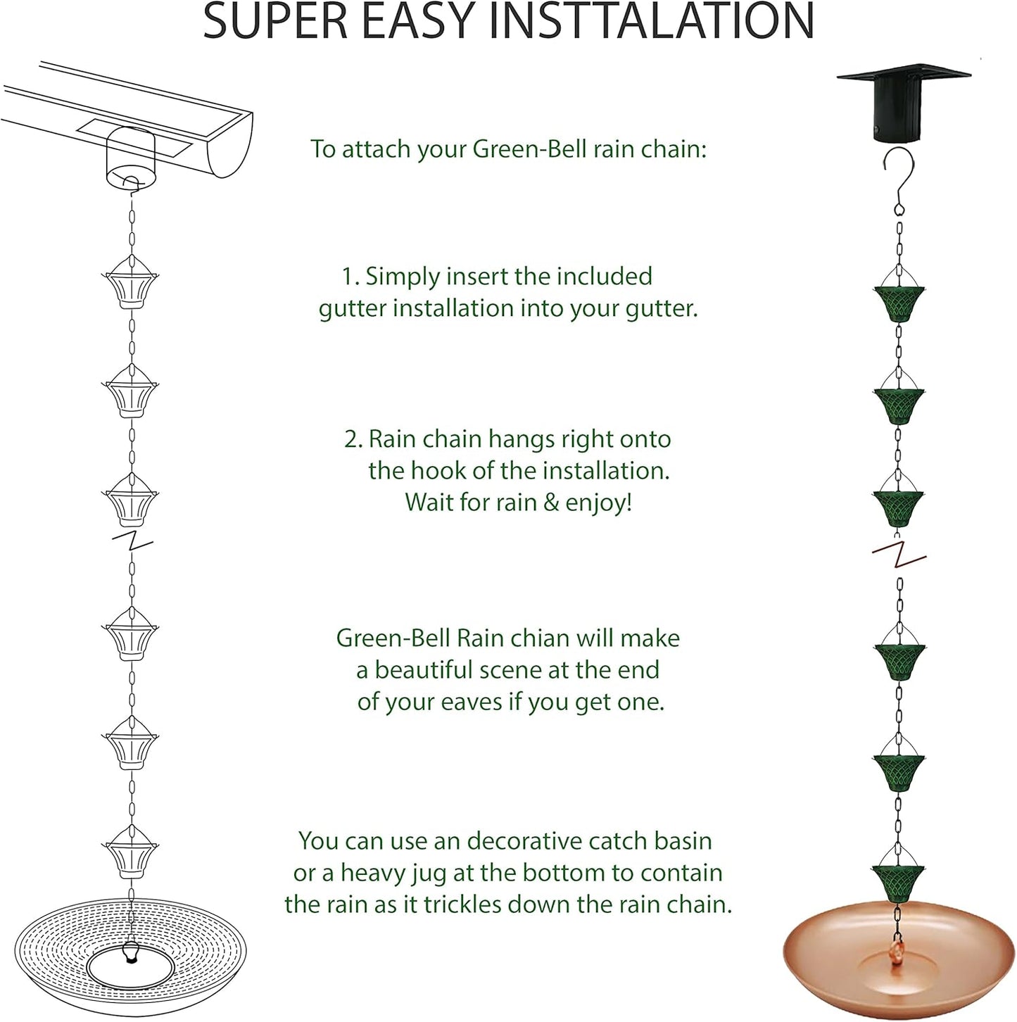 8.5FT Bell Iron Rain Chains for Gutter and Rain Barrel, Rust-Resistant Plated Garden Décor for Downspout, Bonus Rain Chain Gutter Adapter (Antique-Green)