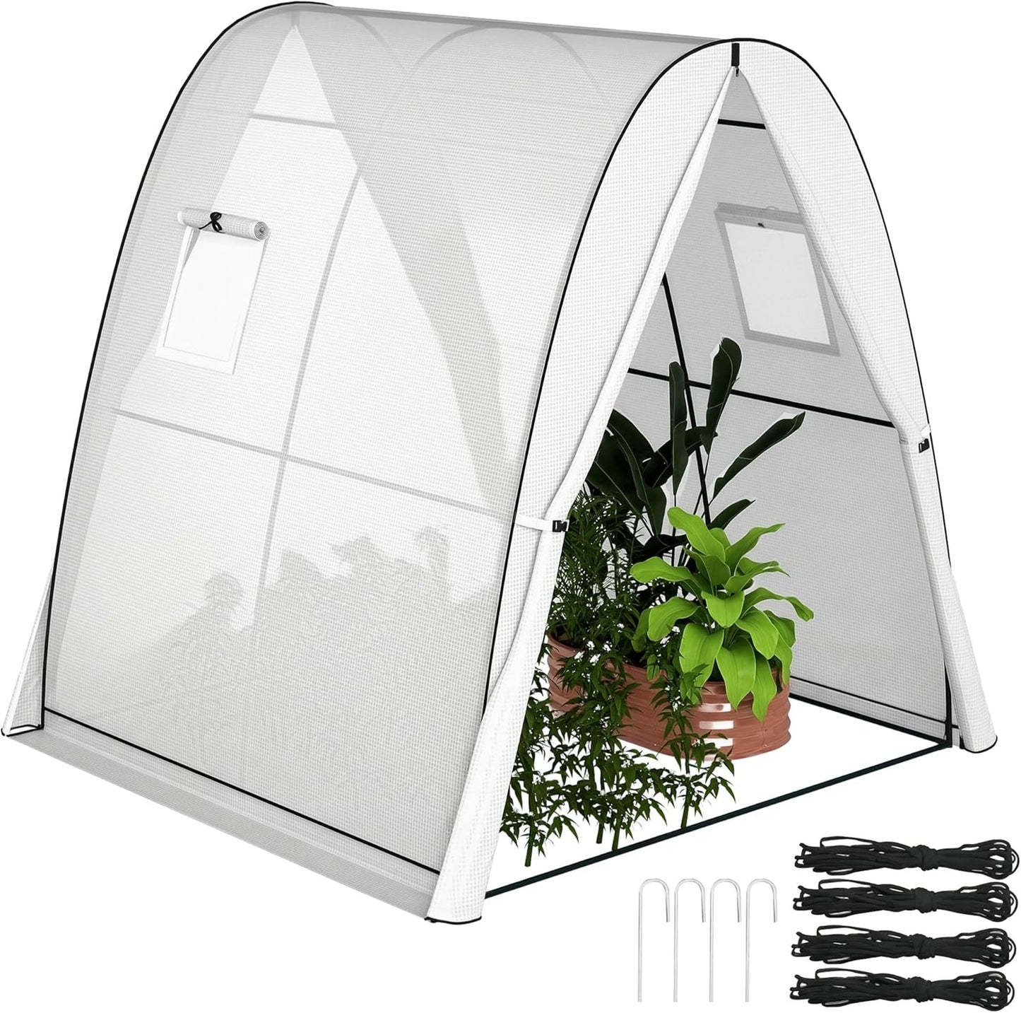 Outsunny 6' x 6' x 6.6' Hoop House Greenhouse with Sandbags and Hemmed PE Cover, Walk-in Tunnel Green House with 2 Doors and Screen Windows, Portable Greenhouse Gardening Plant Hot House, White