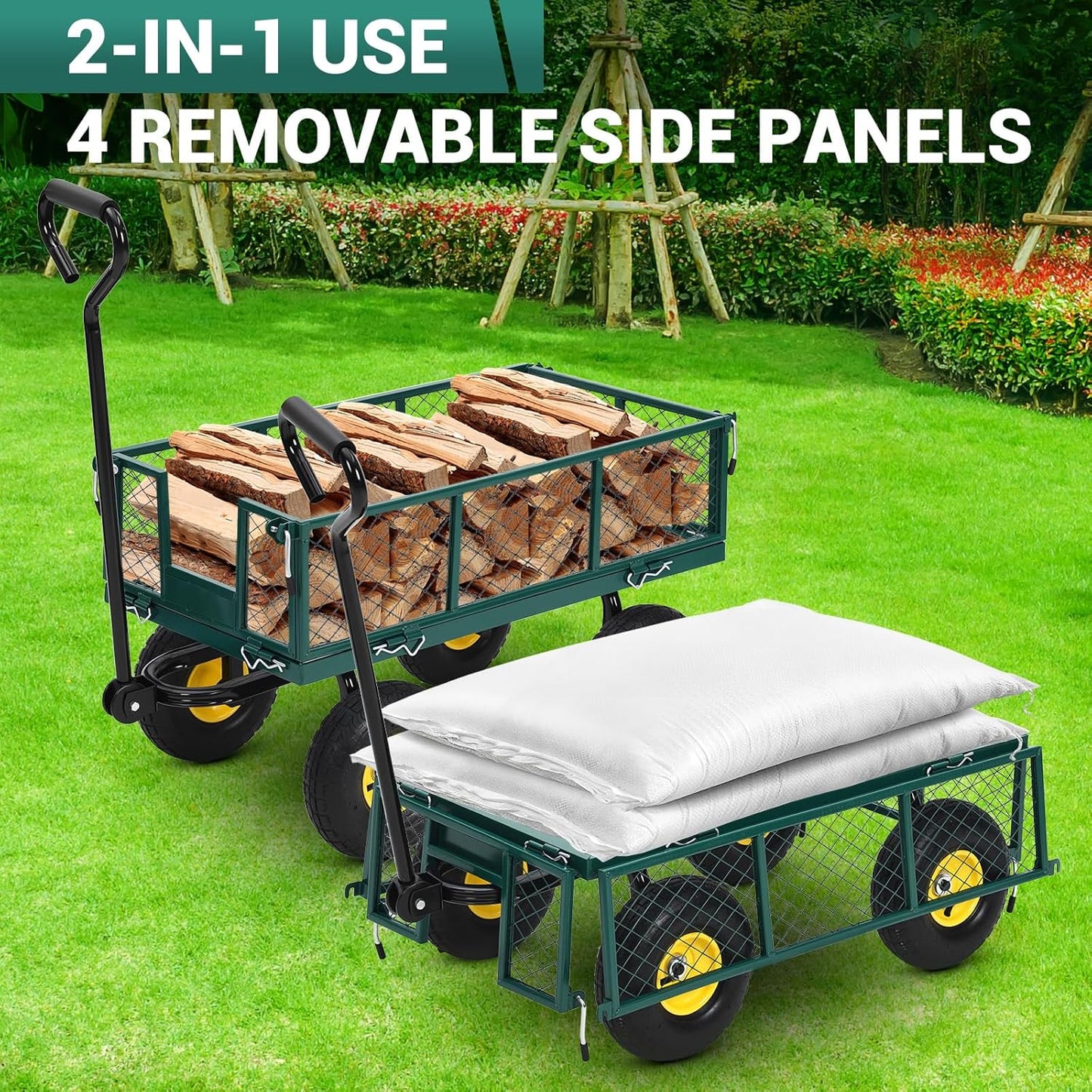 900 Lbs Steel Garden Cart. Heavy Duty Metal Garden Wagon with 10" Wheels, Pullable Metal Garden Wagon with 180° Rotating Handle and Removable Sides for Farm, Yard