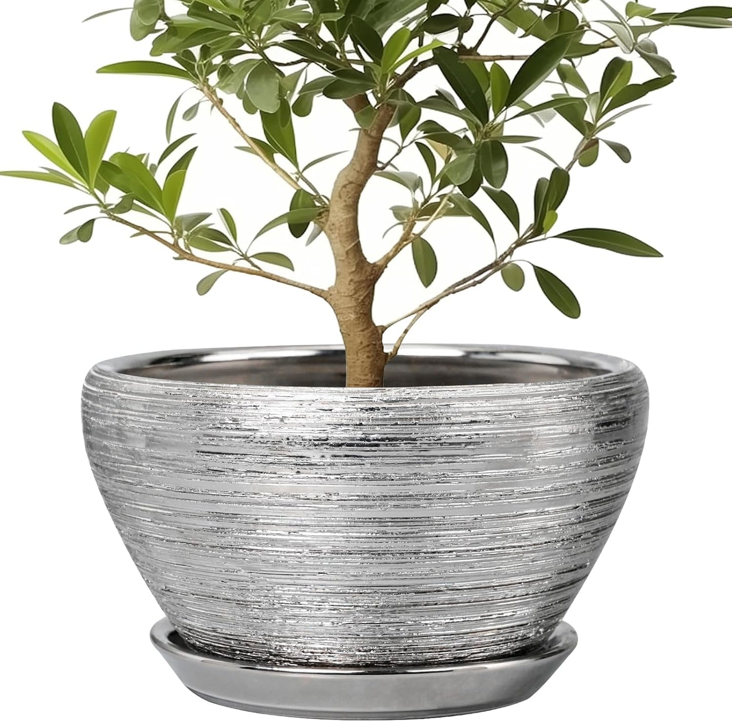 Flower Pot for Indoor Plants - Ceramic Planter 13 Inch Plant Pot with Drainage Hole and Saucer Large Decorative Planter Outdoor Mid-Century Planter for House Decor Silver