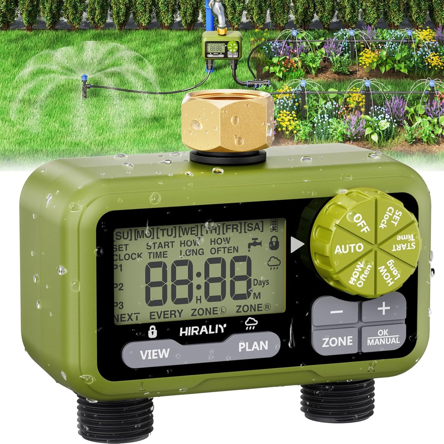 HIRALIY Sprinkler Timer, Water Timer for Garden Hose 2 Zone, Programmable for Watering, Automatic Irrigation System for Yard Lawn, Brass Connector, IP65 Waterproof