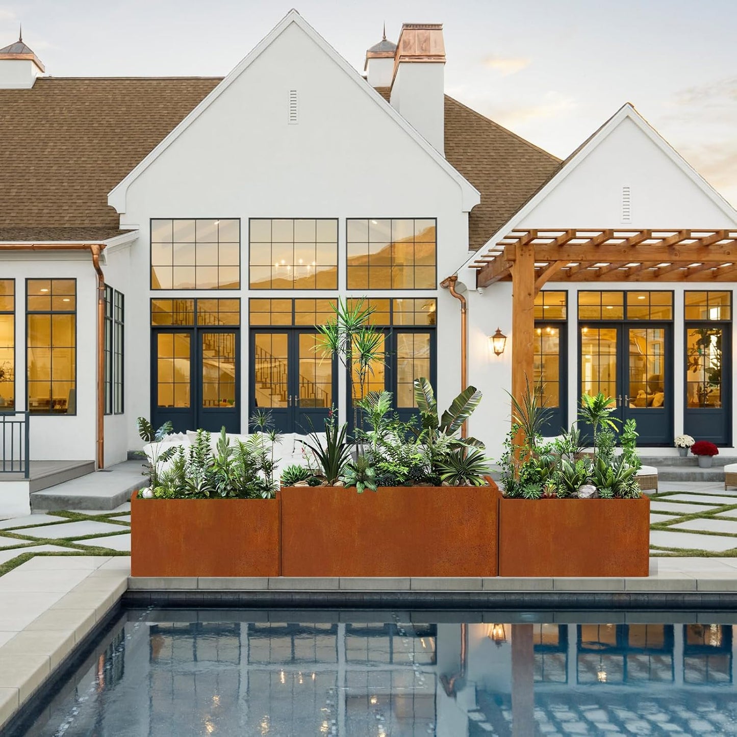 Metal Planter Box - 25x11x13H Inch, Co rten Steel Planter for Patio, Garden, Porch - Brown