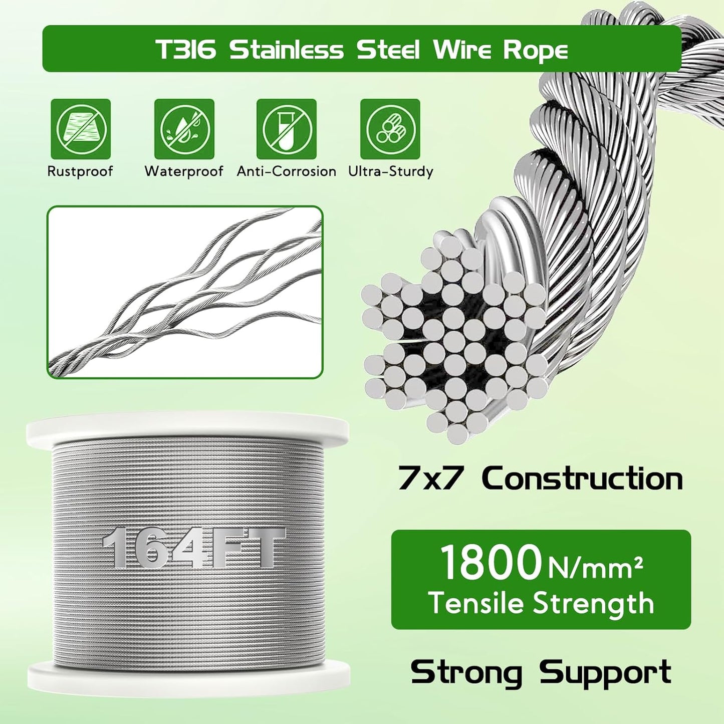Trellis Wire for Climbing Plants Outdoor, 30 Set Wall Wire Trellis Kit with 1/8" x 164ft Stainless Steel Cable, T316 Espalier System Cable Trellis Kit with Adjustable Spacing Vines Green Wall