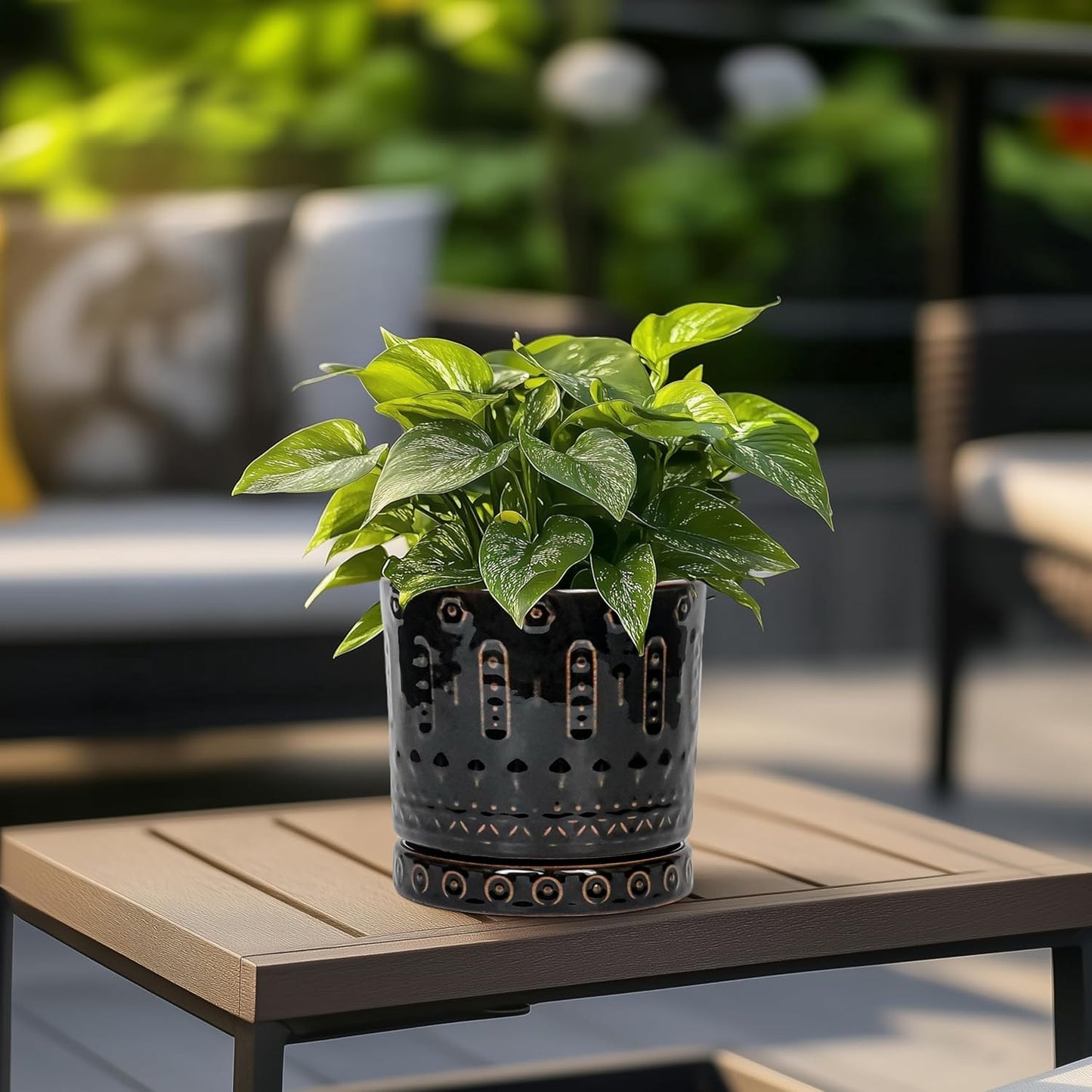 Ceramic Plant Pots - 6 Inch Ceramic Planter for Indoor Outdoor, Round Flower Pots with Drainage Hole and Plant Saucer, Boho Decorative Small Planter, House Decor, Gifts for Gardeners, Black