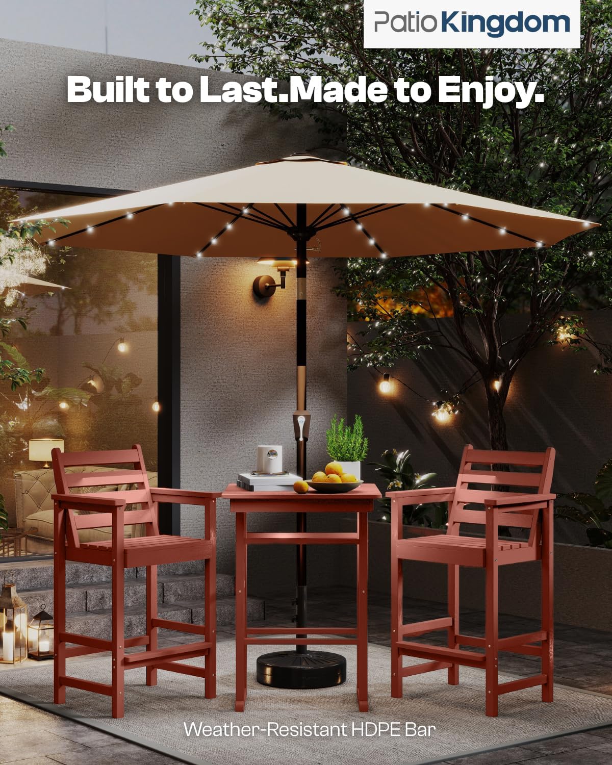 3-Piece Outdoor Bar Set with Beige 9FT Patio Umbrella, HDPE Tall Balcony Adirondack Chairs and Table, All-Weather Outdoor Bar Stools for Patio (Terracotta)