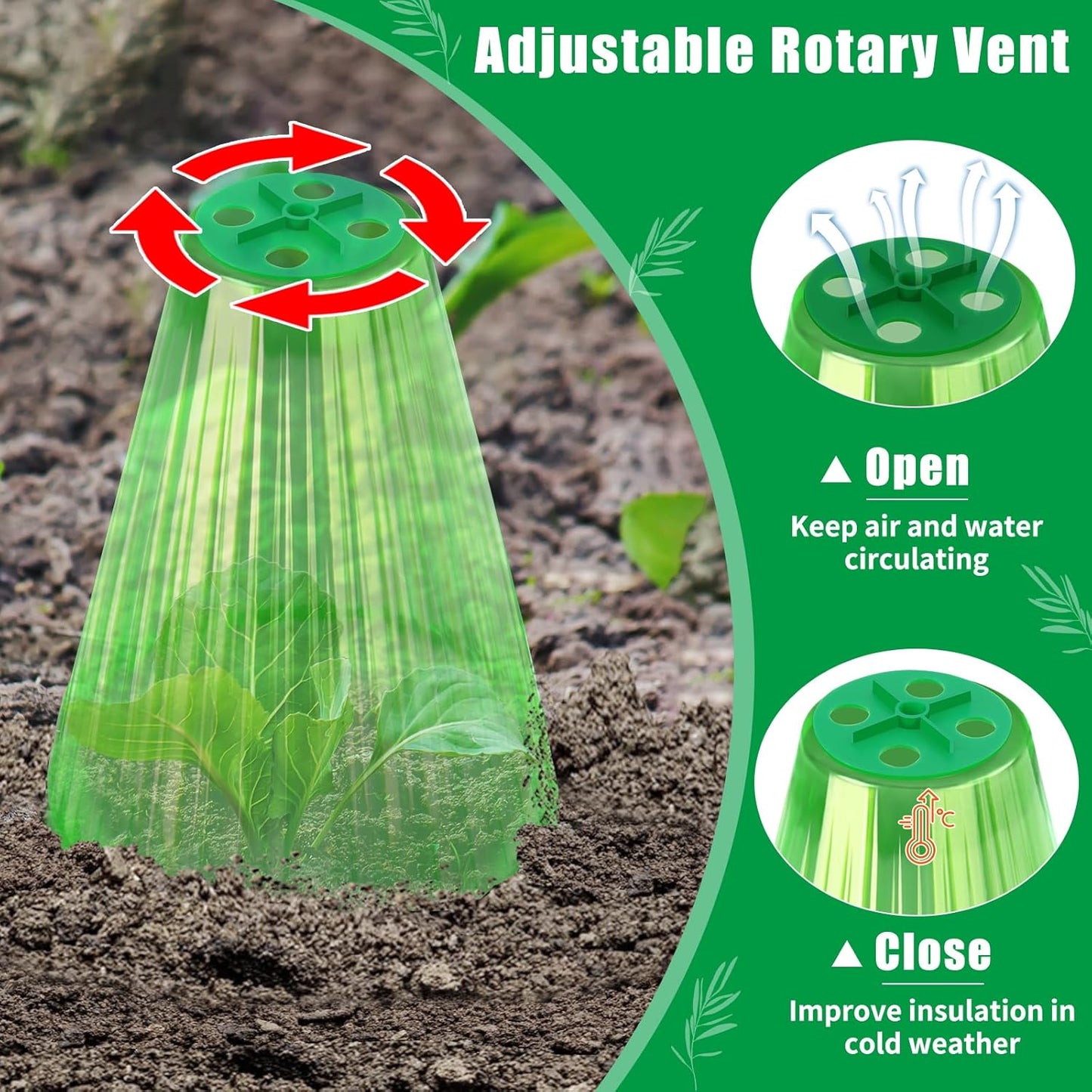 UQM 50 Pack Garden Cloches for Plants, Reusable Bell Plant Protector with Rotary Vent Cover, Garden Protection from Animals Snails Birds Chickens Insect, 9.18" H X 7.56" D (Green)