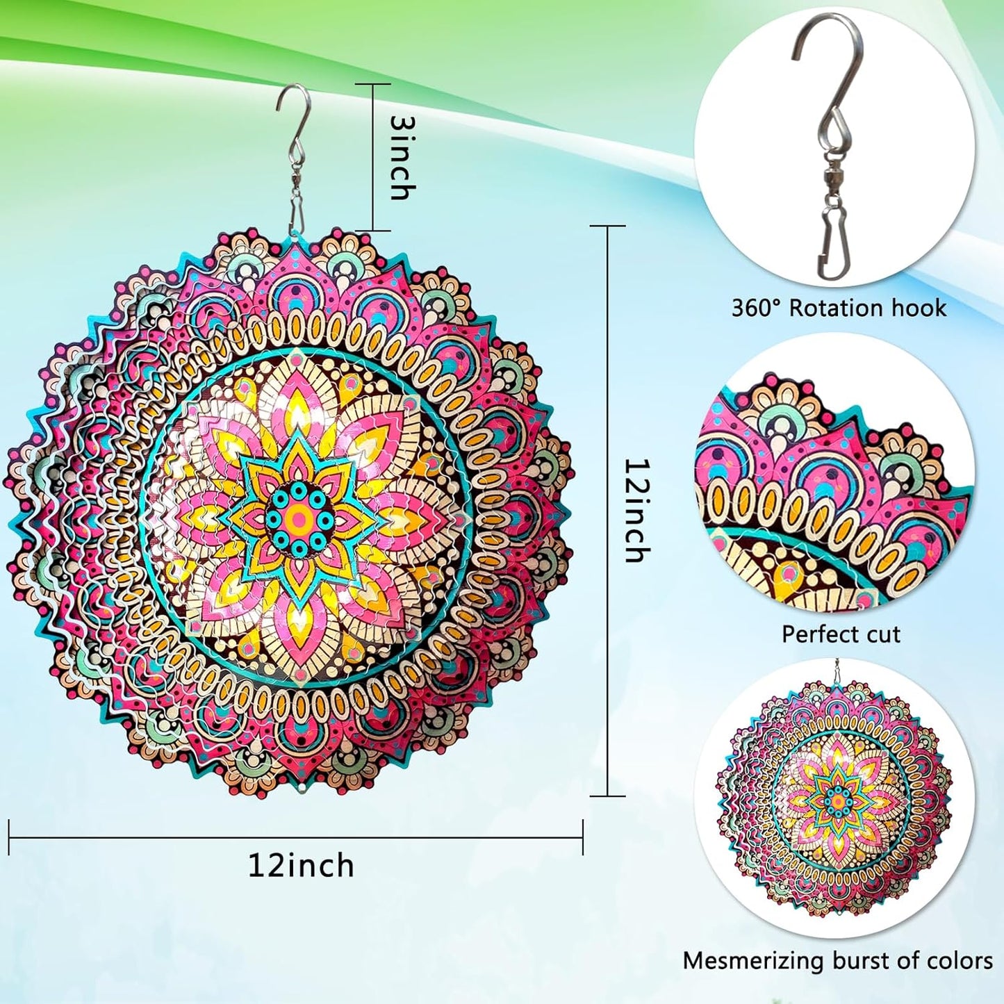 Goolyrusim Wind Spinner Mandala Blossom 3D Kinetic Wind Spinners Outdoor Laser Cut Stainless Steel Metal Art Hanging Wind Sculpture Mandala Garden Decoration Yard Art Decor Ornament Housewarming GIF