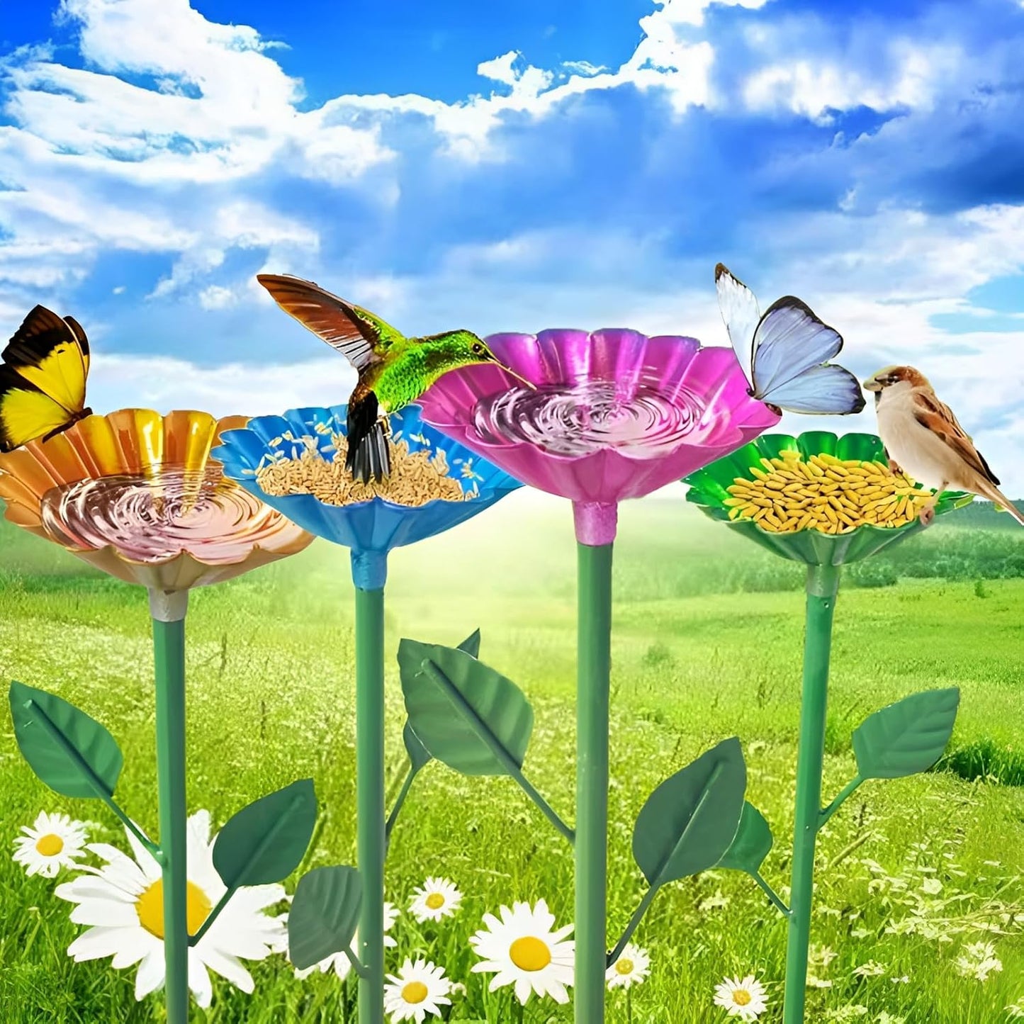 4 Pack Bee Watering Station Butterfly Water Feeder Cup with Flower Design Bee Bath Bowl Bird Bee Watering Cups for Outdoor Yard Garden Decor