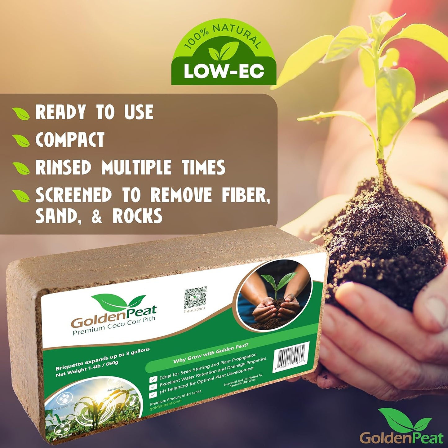 Organic Coconut Peat Bricks (650g X 6 Pack) - Low EC, Sustainable Growing Medium for Gardens, pots, and Seed Starters. Just add Water to Transform Each Brick into 8-10L of Fluffy Nutrient-Rich Coir