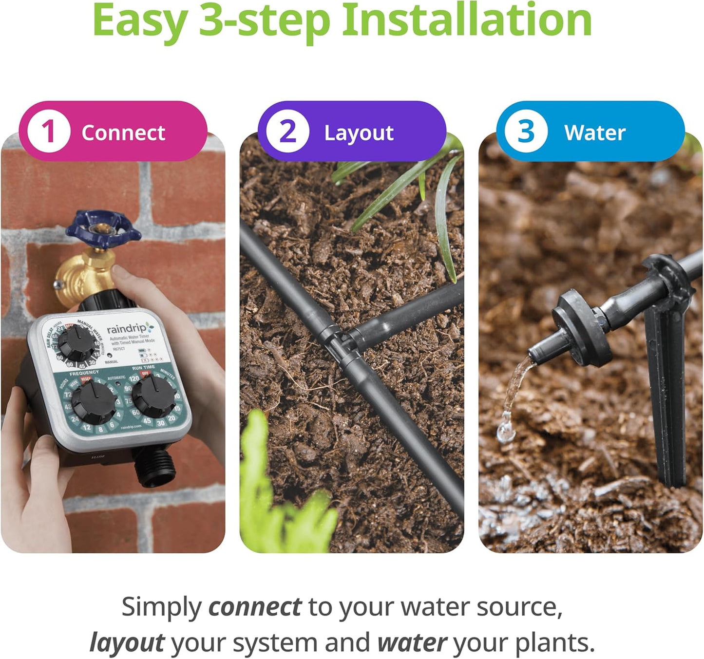 Raindrip R560DP Automatic Drip Irrigation Watering Kit with Customizable Timer for Containers and Hanging Baskets, Waters up to 20 Plants, Includes 20 PC Drippers, Black