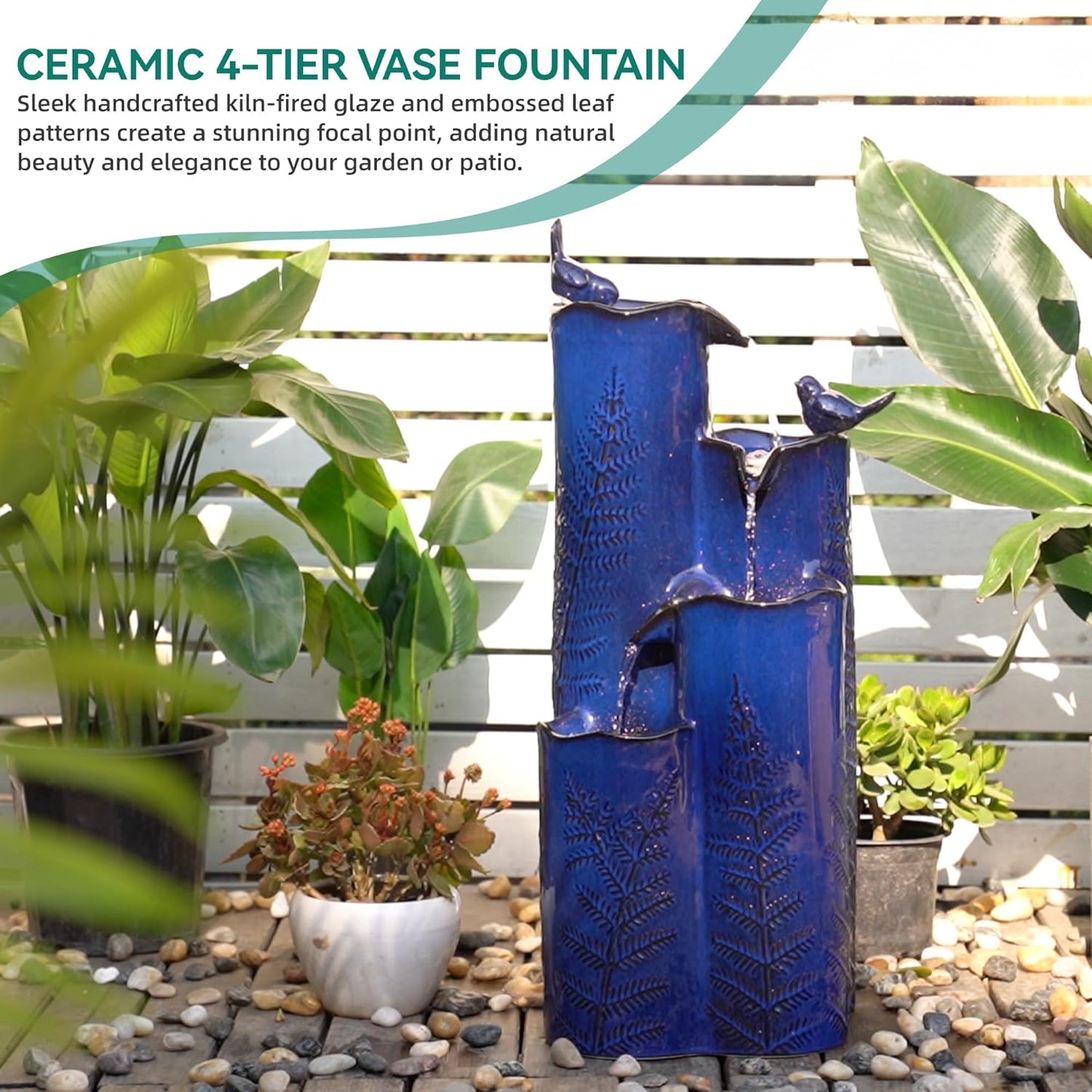 32" H Ceramic Outdoor Water Fountain with LED Lights, 4-Tier Vase Outdoor Fountain, Cobalt Blue Glaze, Embossed Fern Pattern, Cascading Waterfall for Tranquil Garden, Patio, or Porch