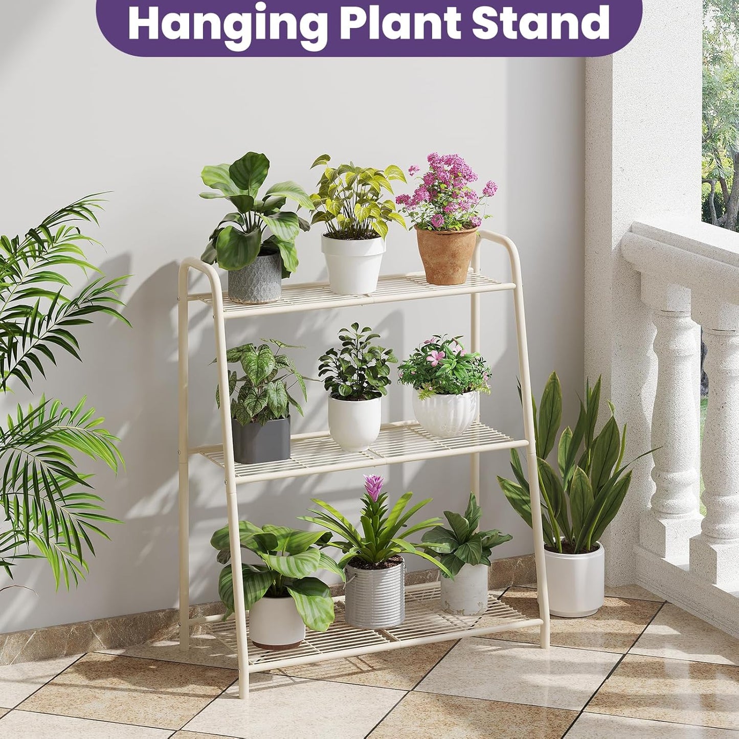 3-Tier Corner Plant Stand Indoor Outdoor , Metal Plant Shelf Black Large Heavy Duty Plant Rack Flower Pot Stand (White)