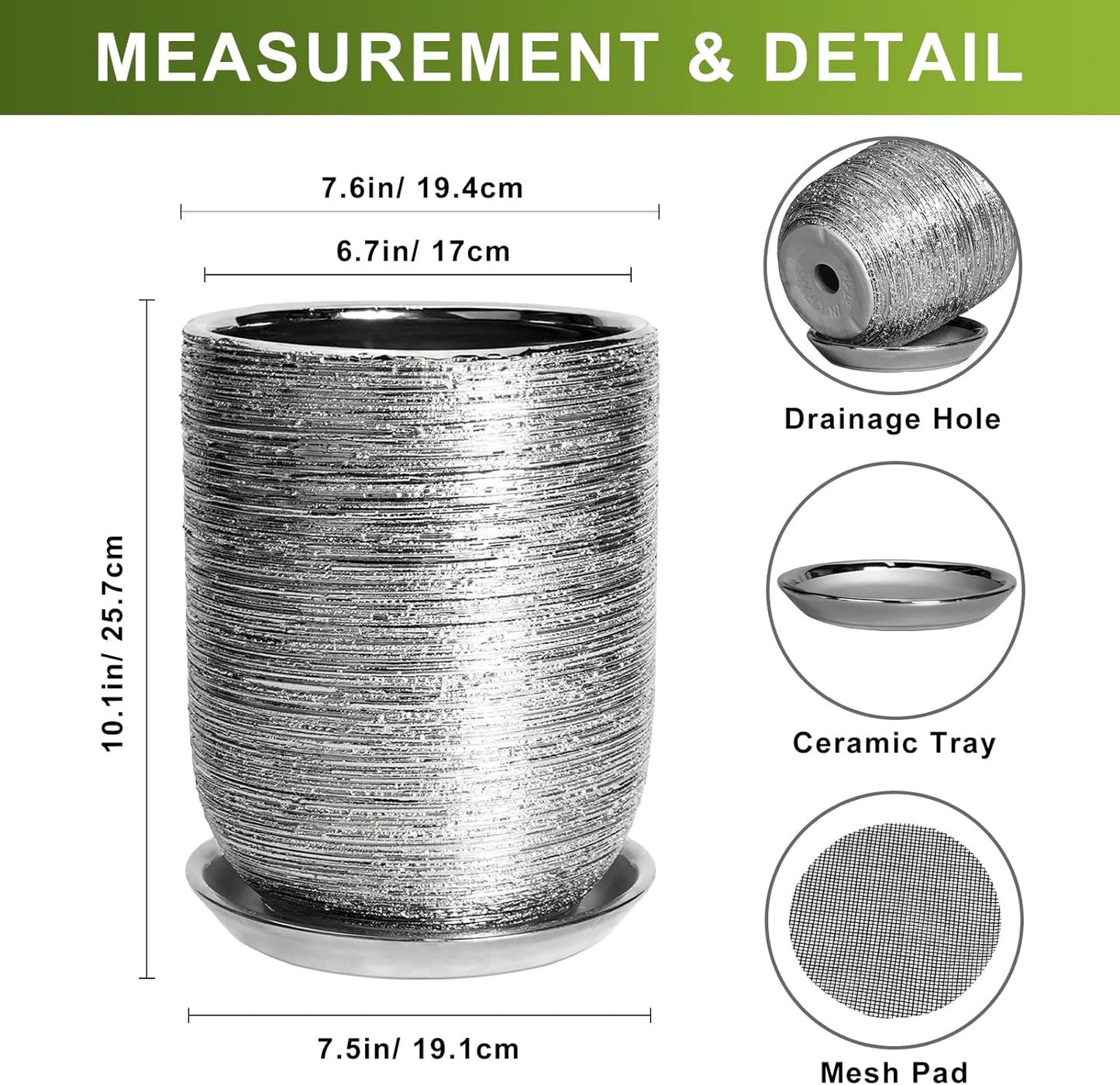 Ceramic Flower Pot for Plants - 8 Inch Plant Pot Indoor with Drainage Hole and Saucer, Cylinder Modern Outdoor Round Planter, Gardening Gifts for Women Men, Garden Office Decor, Silver