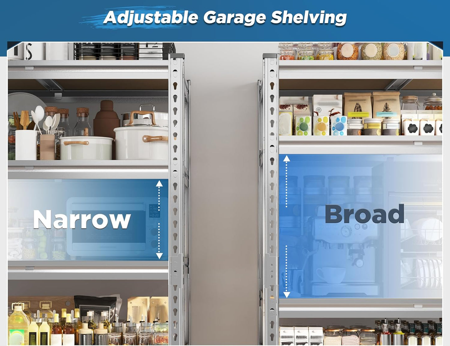 REIBII Garage Shelving, 5 Tier Storage Shelves Load 3020LBS, Adjustable Garage Shelving Heavy Duty, Metal Shelves Unit for Basement, Warehouse, 48" W x 72" H x 24" D, Galvanized