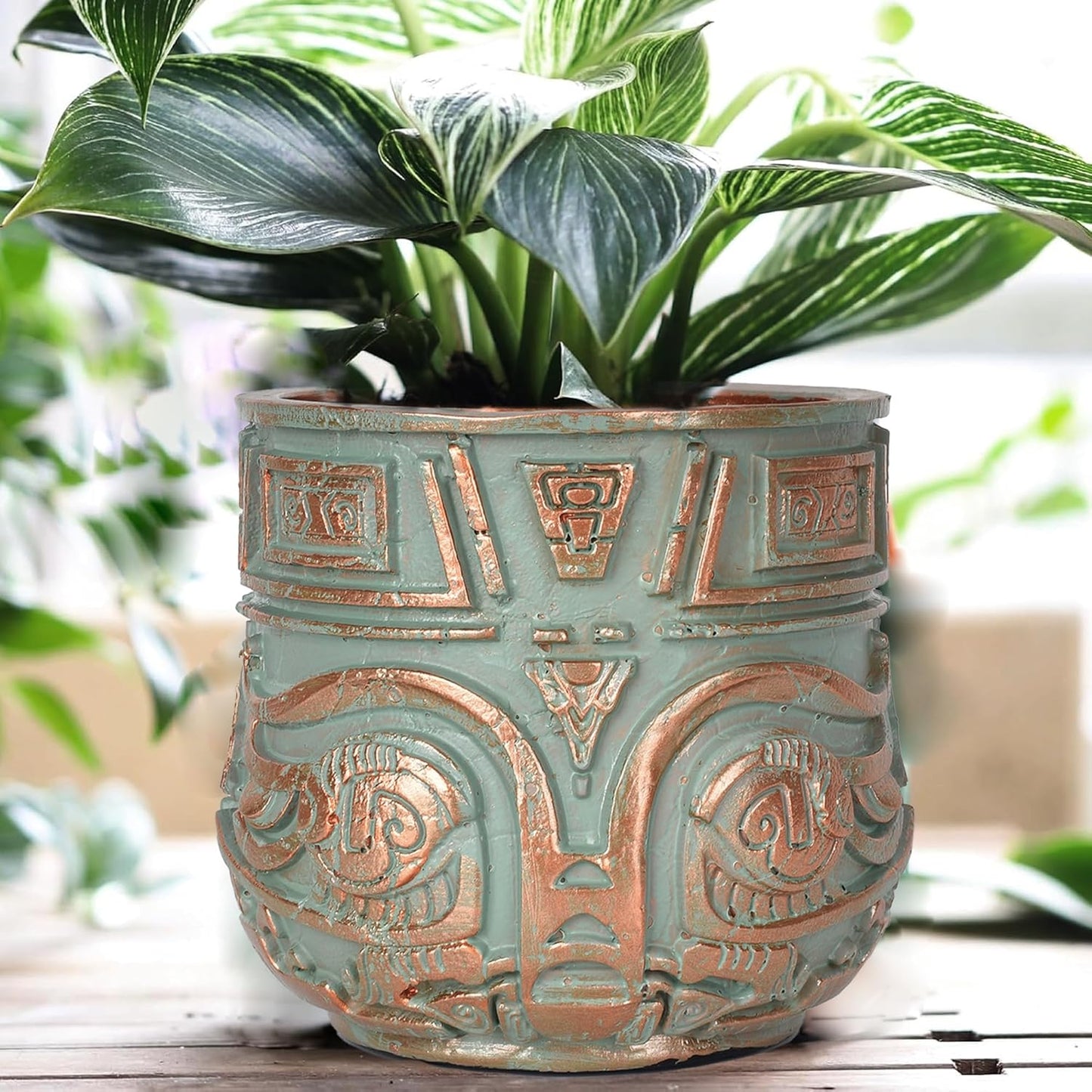 Tribal Vintage Face Planter,Lightweight Unique Plant Pots with Drainage,Eclectic Small Succulent Flower Planters Pots for Outdoor&Indoor Plants,Funny Garden Pot for Room Decor(5.5in,Green)