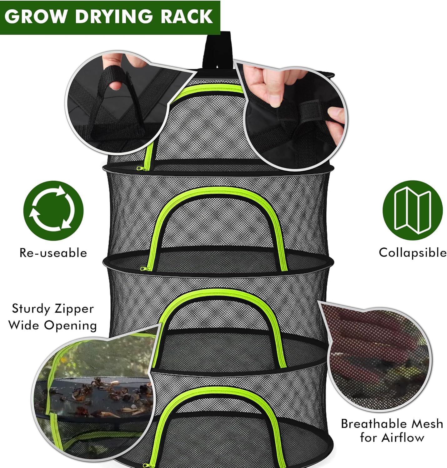 Herb Drying Rack Hanging Mesh 4 Layer 18" with Zipper, Garden Pruning Shear, Hook & Carabiner Clip for Drying Herbs, Plants, Seeds, Buds | Hydroponics & Grow Tents Herb Dryer Hanging Rack