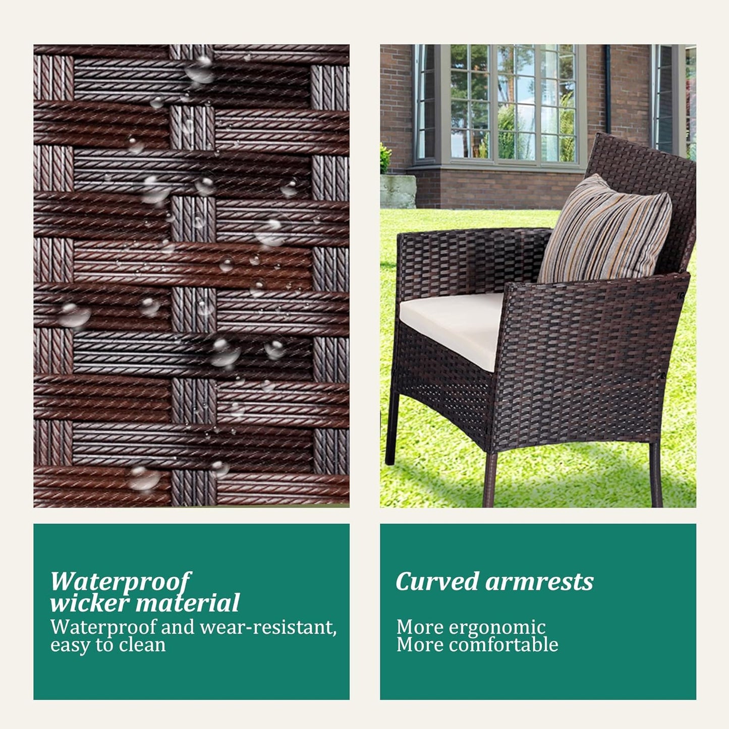 4 Piece Patio Furniture Set - Outdoor Conversation Sets with Coffee Table, Rattan Chair Set for Garden/Poolside, Brown/Beige