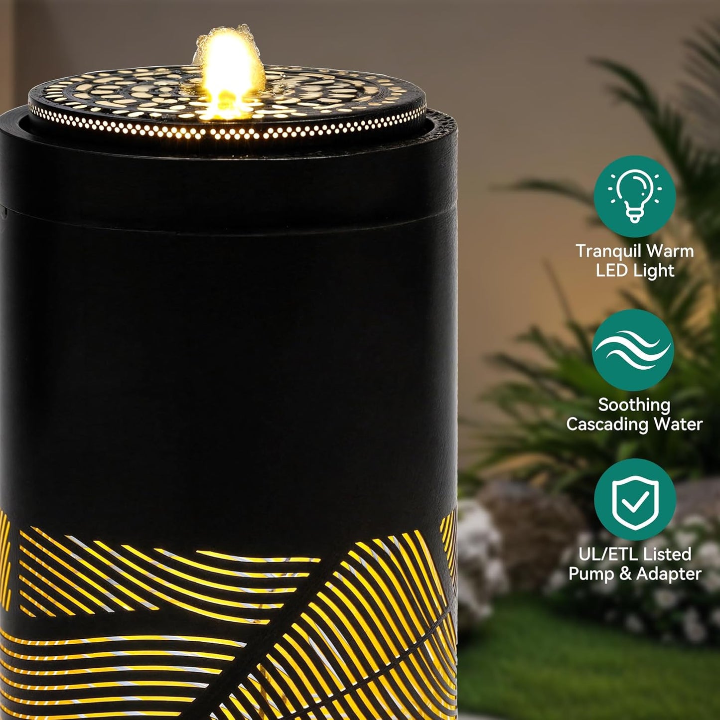 23.6 Inch Modern Outdoor Water Fountain with LED Lights - Black Geometric Bird Bath Garden Fountain for Patio, Yard, Porch Decor - Soothing Waterfall for Relaxing Ambiance