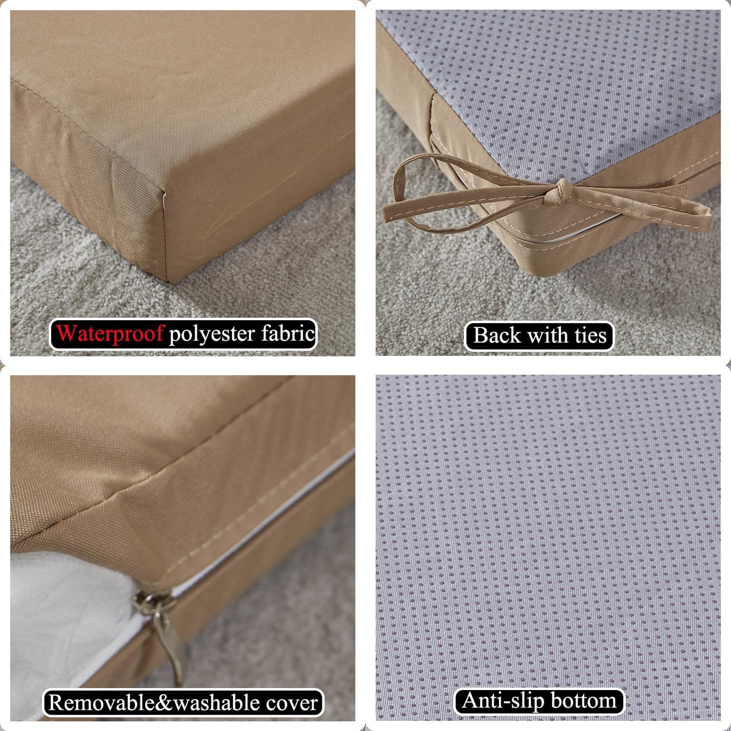 19 x 19 Inch Outdoor Seat Cushions for Patio Furniture with Non Slip and Ties Waterproof & UV Resistant Round Corner Outdoor Chair Cushions Replacement Set of 2, Khaki