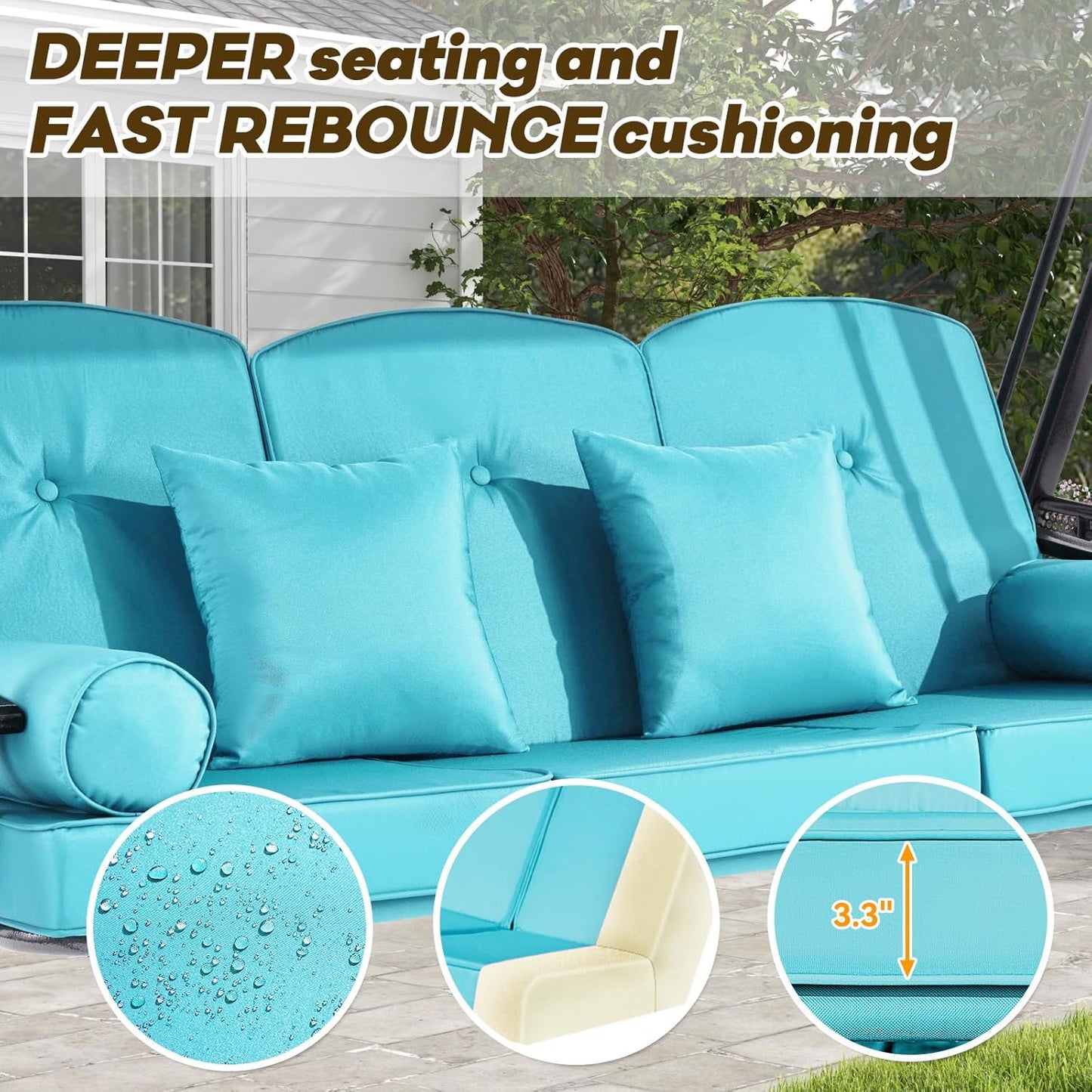 3 in 1 Outdoor Porch Swing with Adjustable Canopy, 3 Seat Outdoor Swing for Adults, Patio Swing Chair with Thickened Cushions,Pillows & Cup Holders for Backyard, Porch, Garden (Turquoise)