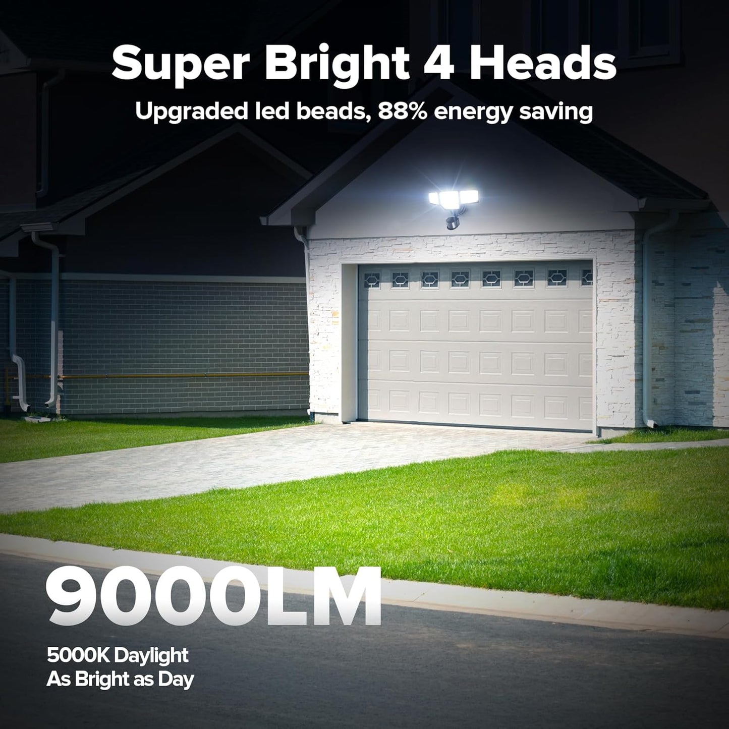 LUTEC 80W 9000LM LED Security Lights Motion Sensor Outdoor Lights, 4 Head LED Flood Light Outdoor 5000K Daylight, IP65 Waterproof, Motion Detected Light for Outside, Garage, Yard - 2 Pack (Black)