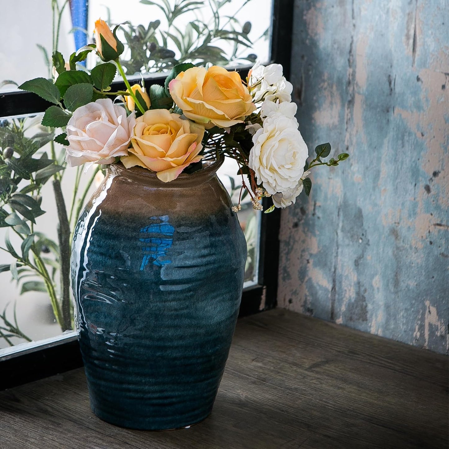 Blue Floor Vase, Ceramic Glazed Large Vase for Modern Farmhouse Home Decor, Rustic Terracotta Pottery, Vintage Clay Vase for Living Room Entryway Centerpiece