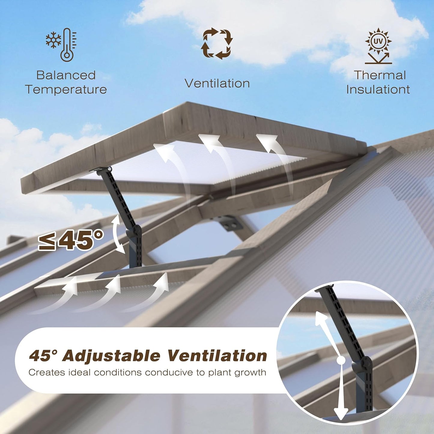 8x10 FT Greenhouse Kit with 6MM Thick Polycarbonate Panel for Outdoor, Wooden Walk-in Green House with Adjustable Roof Vent and Lockable Door, Backyard, Garden, Light Mocha Brown