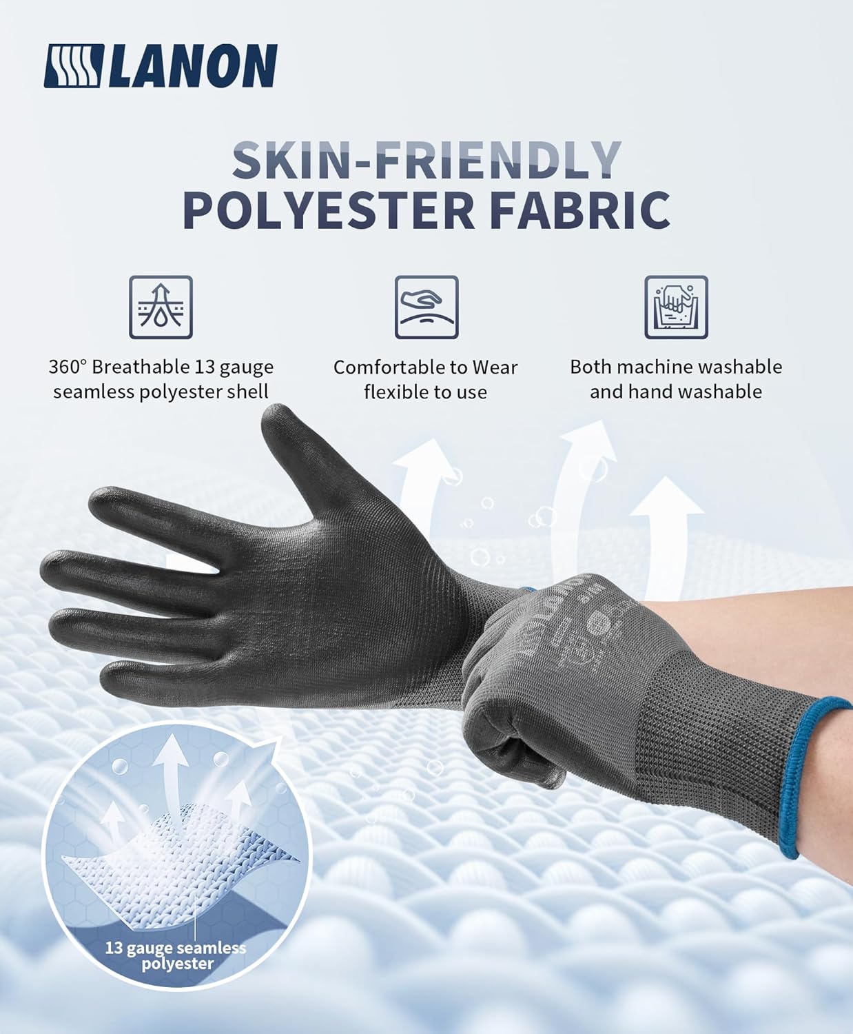 LANON 18 Pairs Safety Work Gloves, Mechanic Working Gloves for Men,Breathable PU Coated, Seamless Knit,Double Wash, Grey, Large