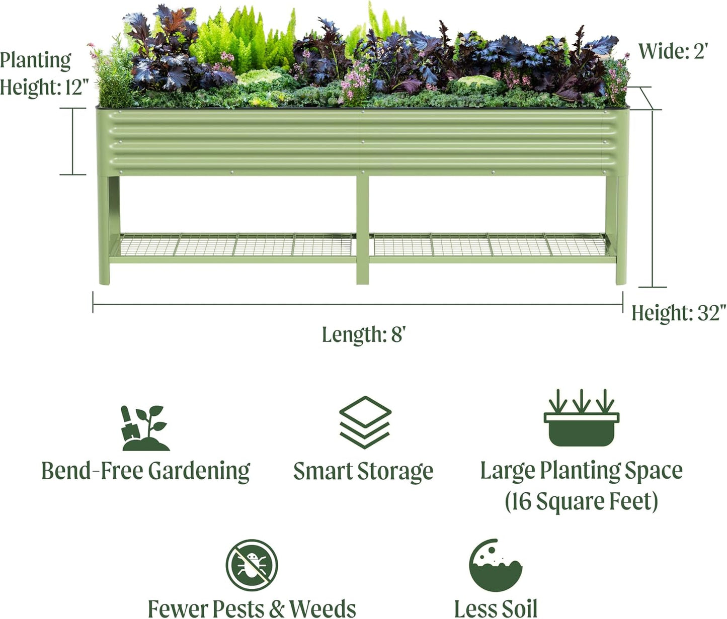 Elevated Raised Garden Bed-V Series, 2' x 8' Garden Beds with Legs & Storage Rack for Patio Porch, 1400 Lbs Weight Capacity, Outdoor Planter Boxes for Gardening Herbs Vegetables Flowers, Pearl White