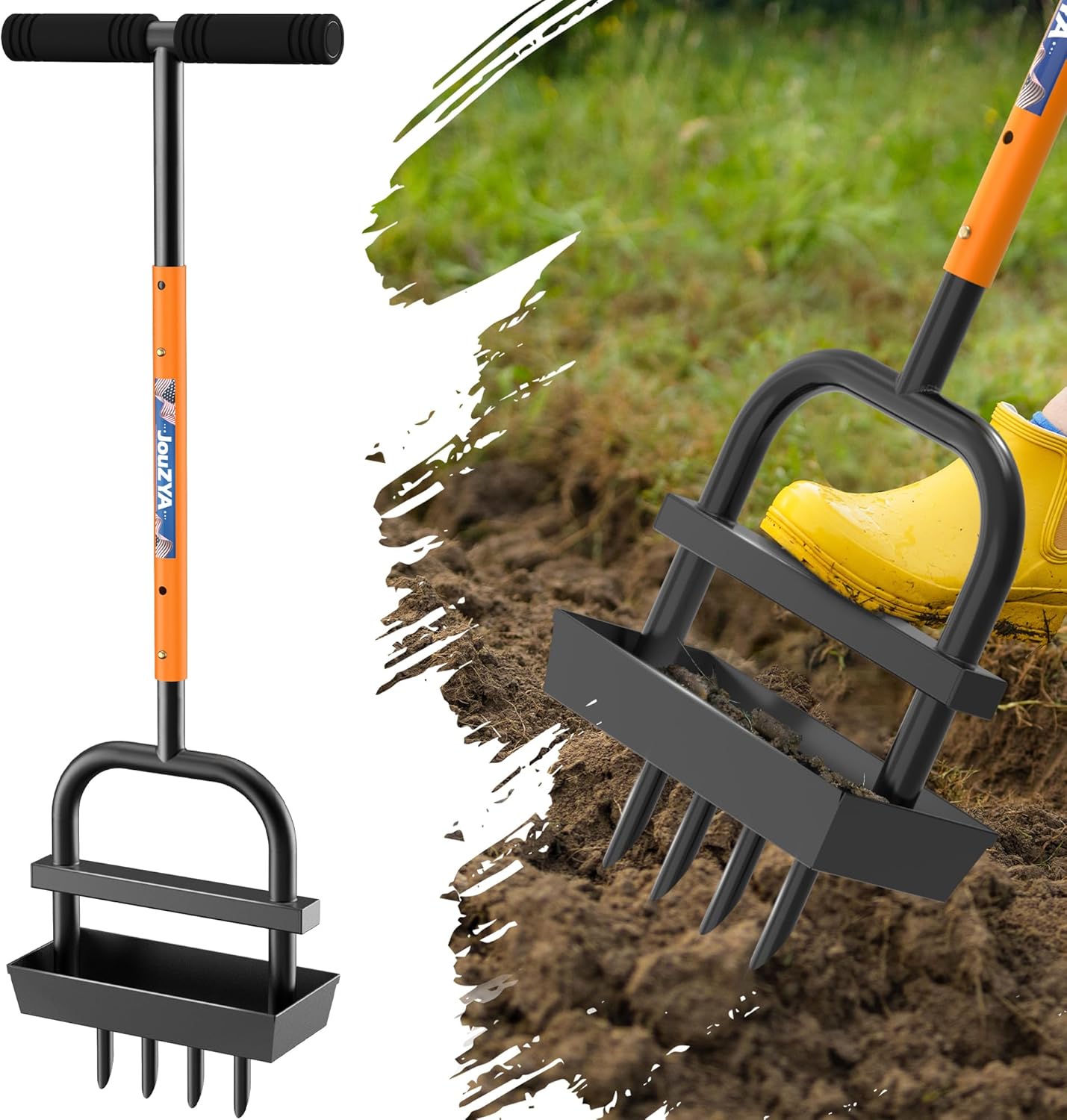 Lawn Aerator Coring Tool with Soil Core Collection Tray, 4 Tines Manual Yard Air Grass Aerator Gardening Tool for Lawn Care Courtyard,Orange（Updated Box）