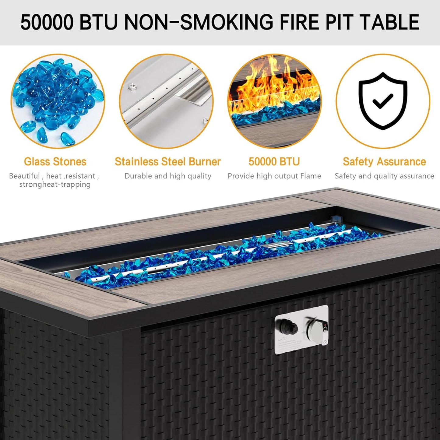 Meilocar 45in Fire Table, Propane Fire Pit with Glass Wind Guard and Rain Cover, Outdoor Firepit Table 50000 BTU 3-in-1 Fire Table for Patio/Yard/Balcony, Walnut Tabletop